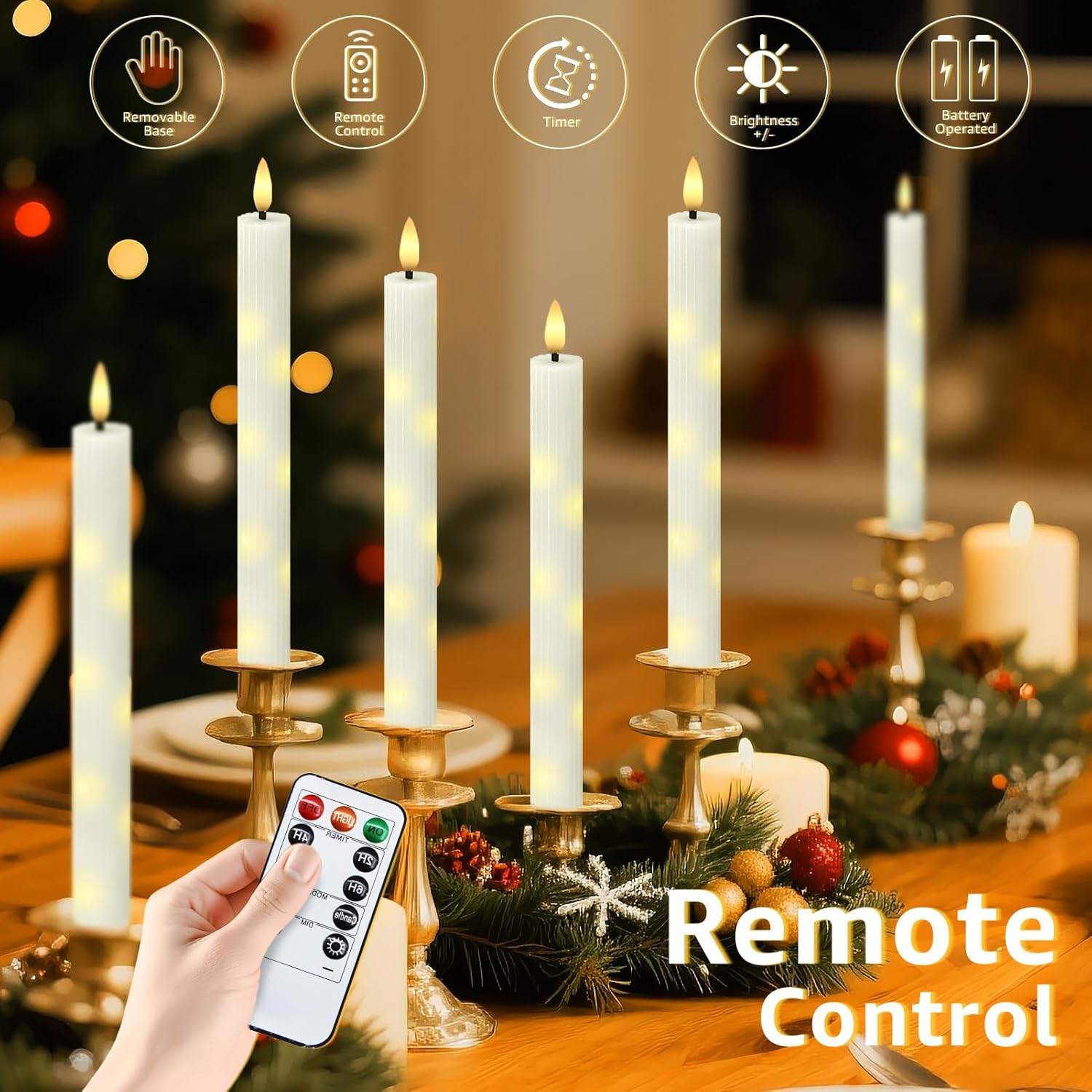 uuffoo 6 Pack Flameless Taper Candles with Remote Timer, Flickering Taper Candles Battery Operated Real Wax LED Fake Candles for Indoor Outdoor Home Wedding Fireplace Decor (Ivory, 0.9 X 9.6 Inch)