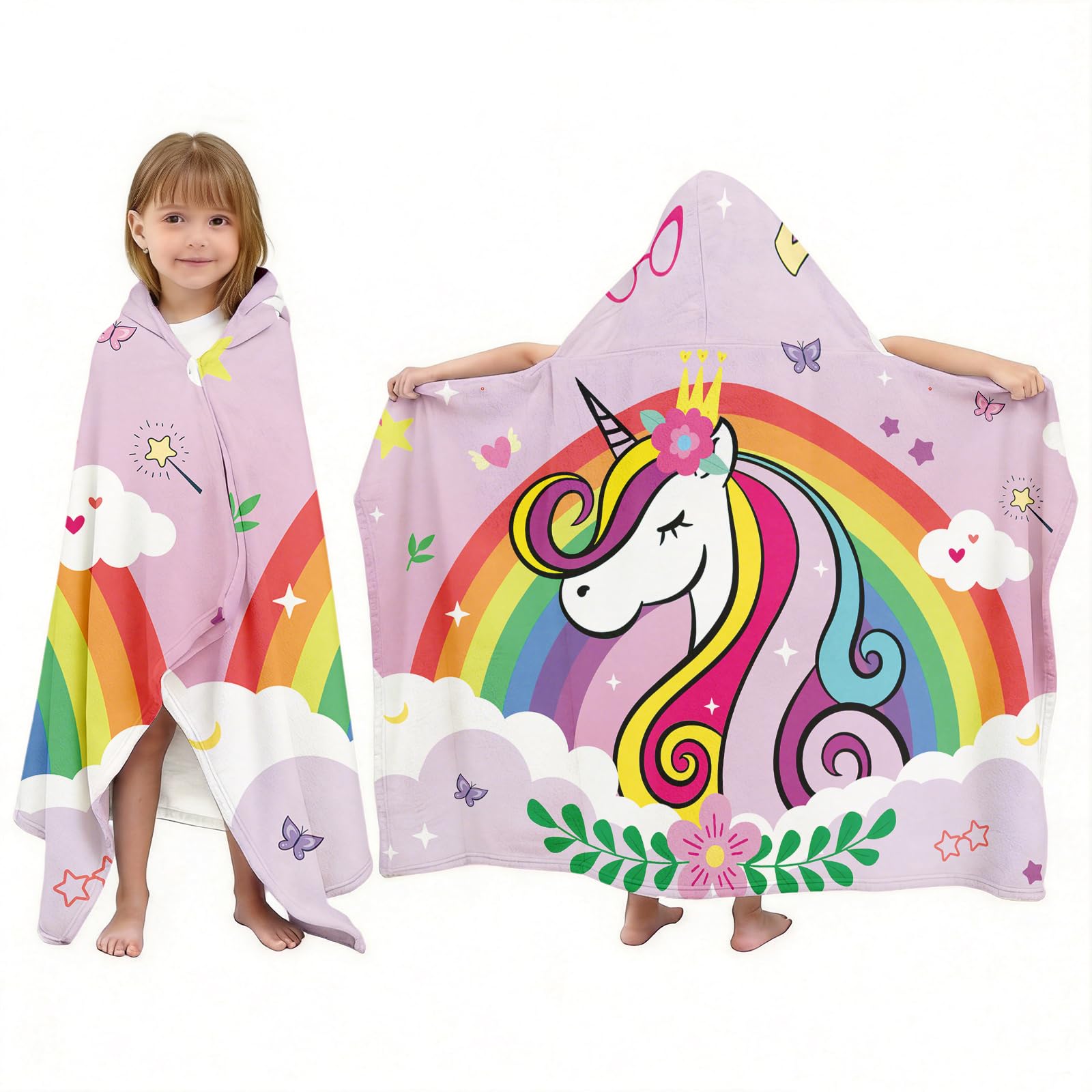 NEIUJADK Kids Unicorn Rainbow Hooded Bath Towel for Girls 3-10, 30"x50" Soft Absorbent Cotton Wearable Poncho Beach Towel with Hood & Snap Buttons