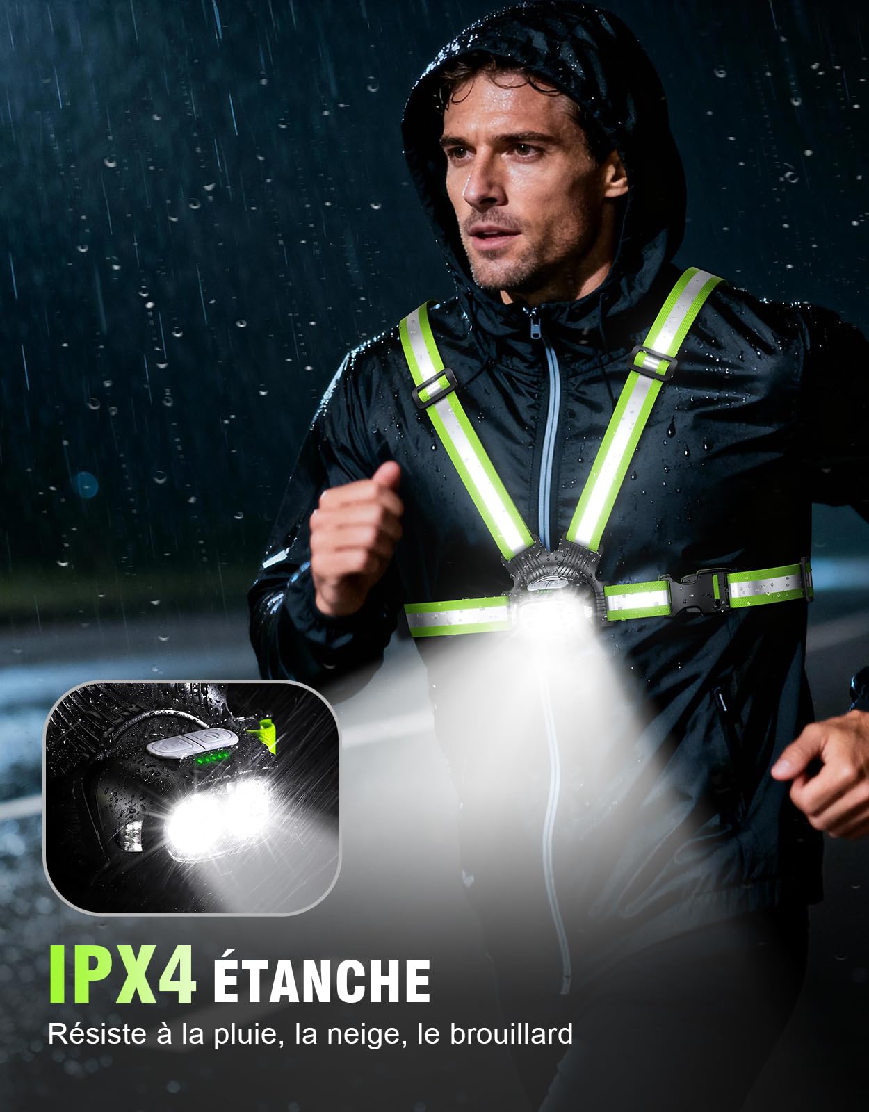 Mohard Lampe Running, 500LM Lampe Pectorale Running 1800mAh Rechargeable, 7 Modes & 45° Faisceau Réglable, Lumiere Course a Pied Étanche IPX4, Double Bandes Gilet Reflechissant pour Jogging Randonnée