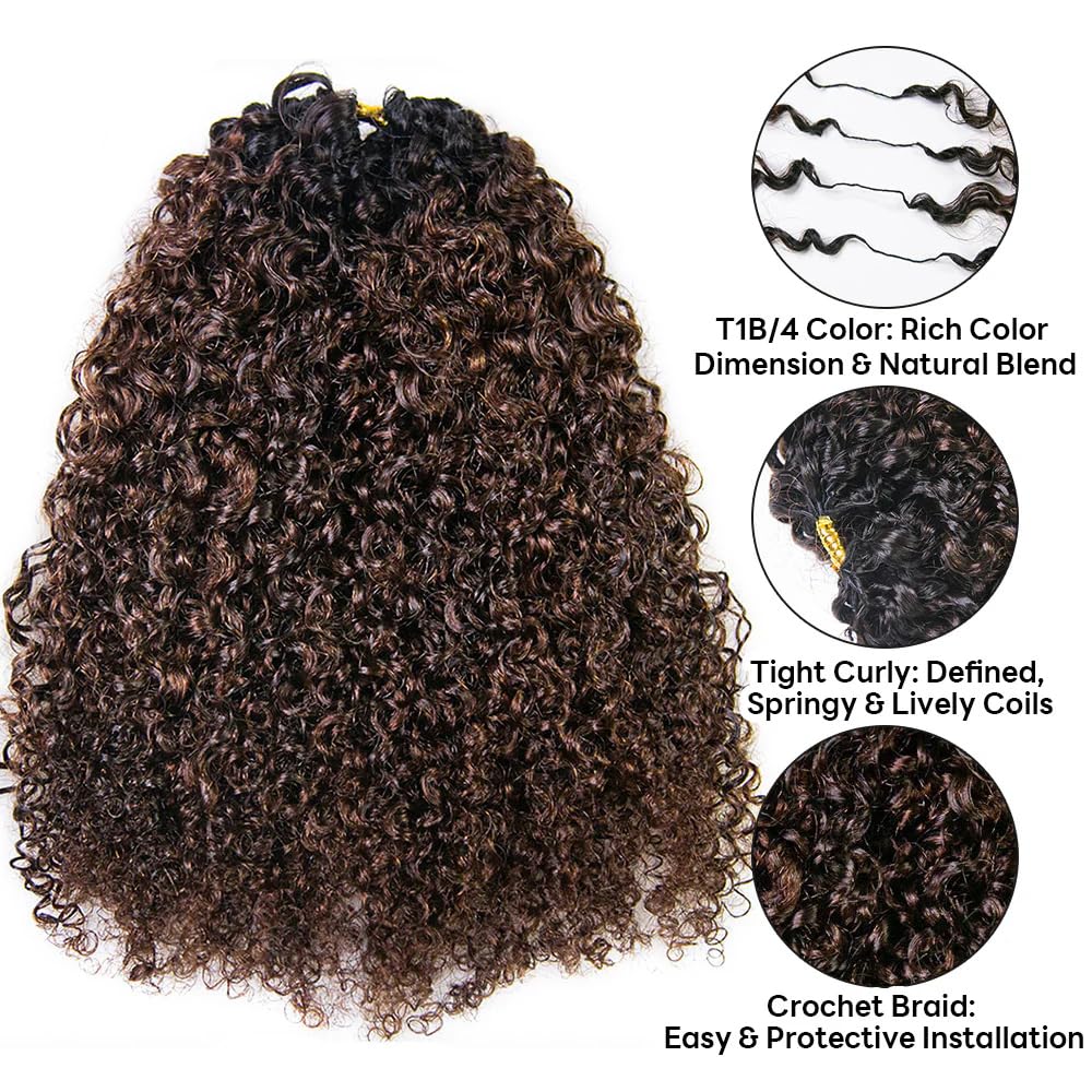 #T1B/4 Medium Brown Afro Kinky Curly Crochet Human Hair With Dark Roots Pre-Separated Tight Curly Human Hair Feather Crochet Hair Extensions 18Inch 120g 100Strands