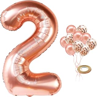 Big Rose Gold 2 Balloon Decorations -Large 40 Inch | Number 2 Balloon with Rose Gold Confetti | Number Two Balloon for 2nd Birthday Decor | Rose Gold 2 Balloon Number for 2 Year Old Birthday for Girls