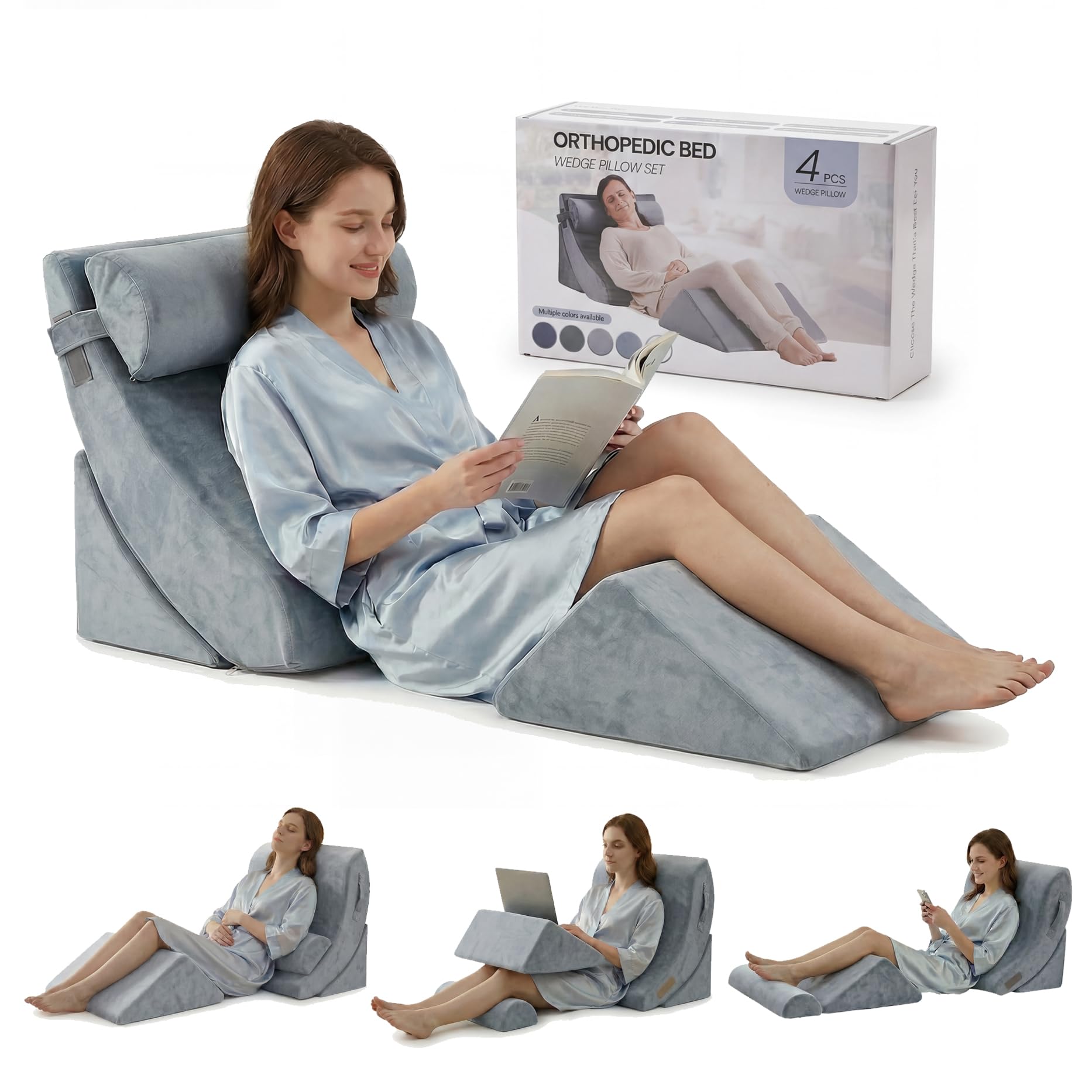 Axelrod Navy 4Pcs Orthopedic Bed Wedge Pillow Set, Post Surgery Foam For Back, Neck And Leg Pain Relief Comfortable & Adjustable Ortho Pillows- Anti Snoring, Heartburn, Acid Reflux & Gerd Sleeping