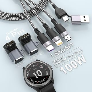 100W Multi Charging Cable for Garmin Watches, 2Pack USB C/Lightning Charger Adapter and 5 in 1 Charging Cable for Garmin Fenix/Forerunner/Instinct Series and More, Universal Charger Adapter(6ft/1.8M)