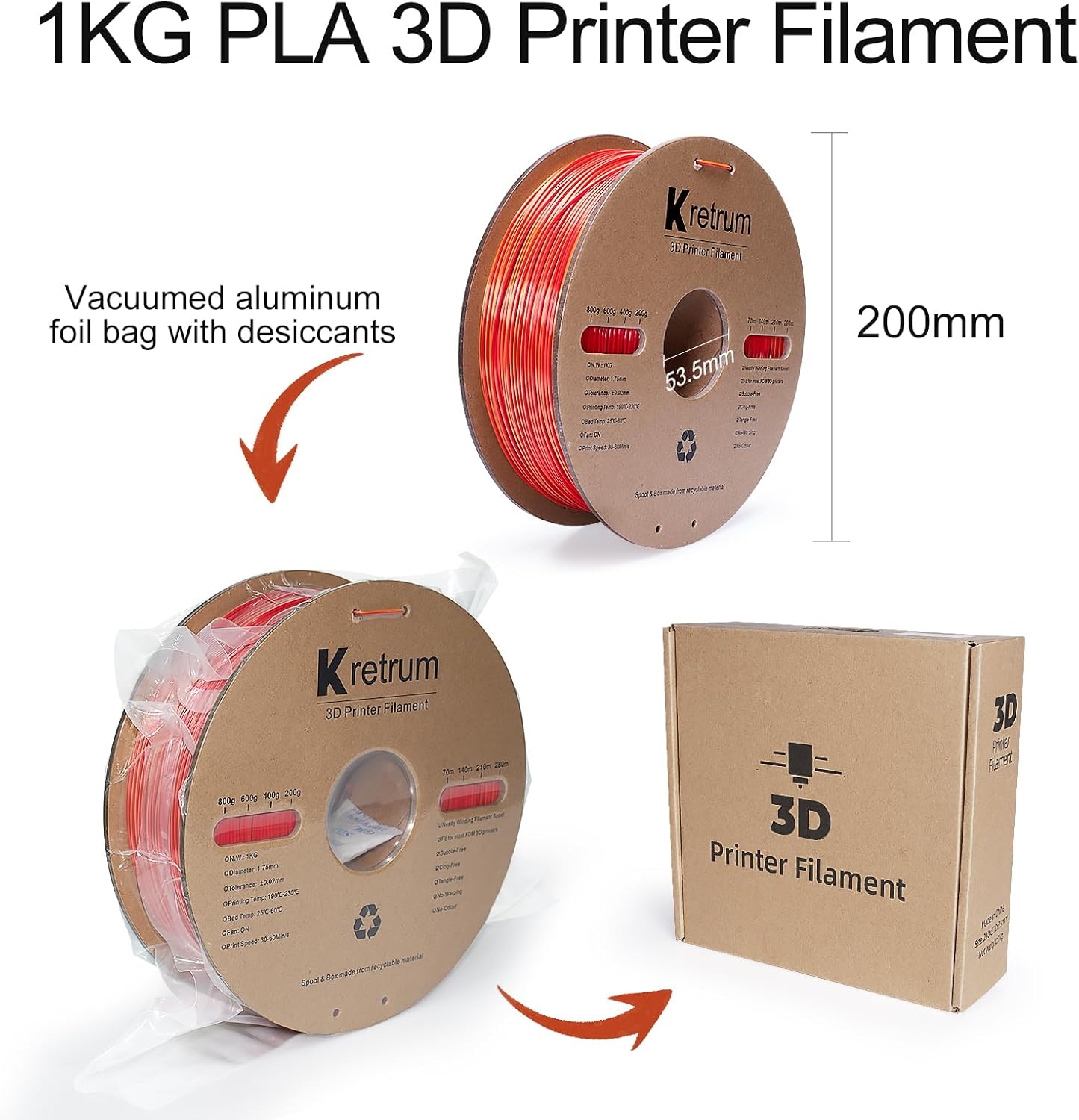 Kretrum Silk PLA Dual Color 3D Printer Filament Color Changing 1.75mm Silk PLA Printer Filament 1.75mm Multicolor 1kg /2.2lbs Spool Red & Gold