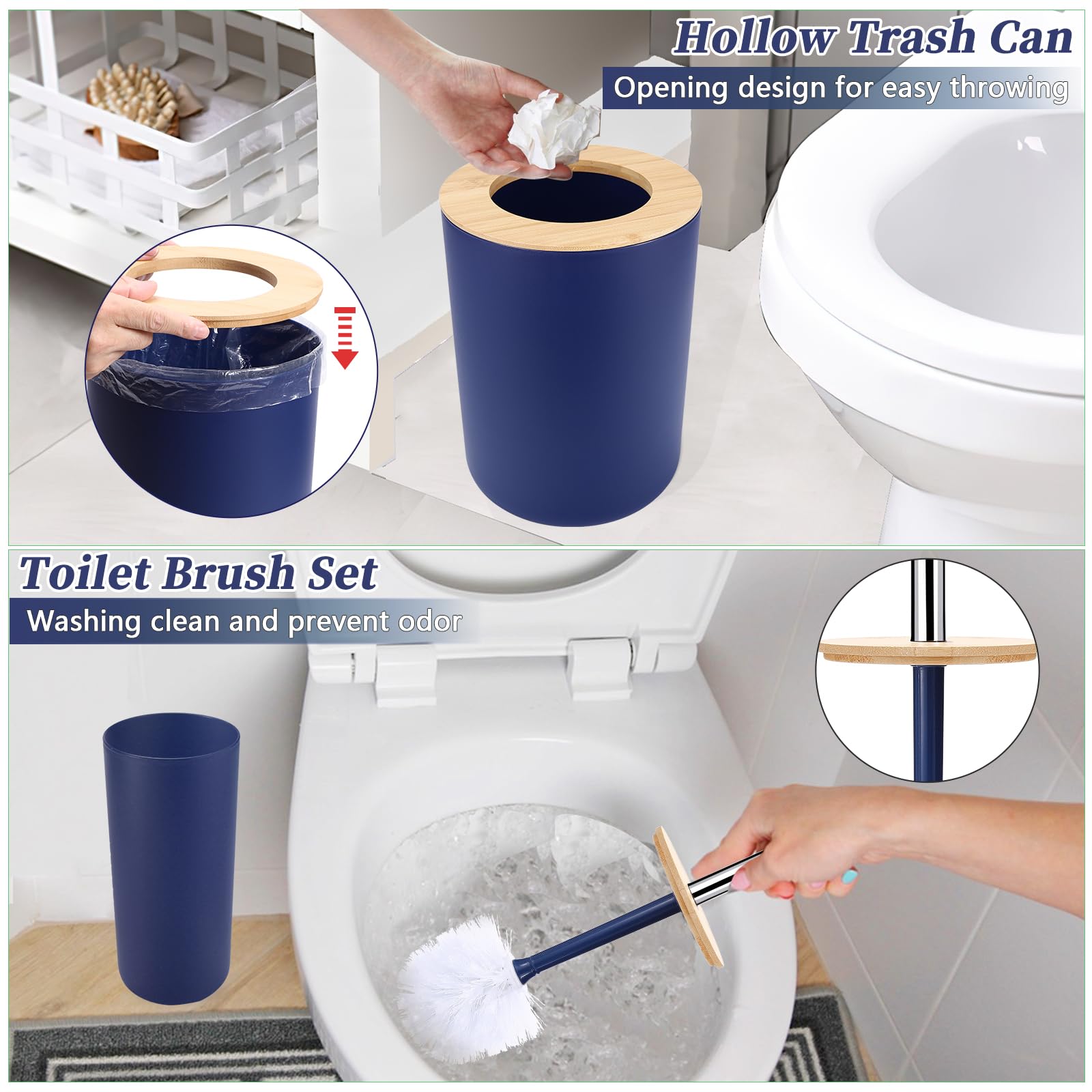 SLDIYWOW - Accesorios de baño azules, 9 accesorios de baño azul marino con cubo de basura, bandeja, dispensador de jabón, soporte para cepillos de dientes, vaso para cepillos de dientes, jabonera
