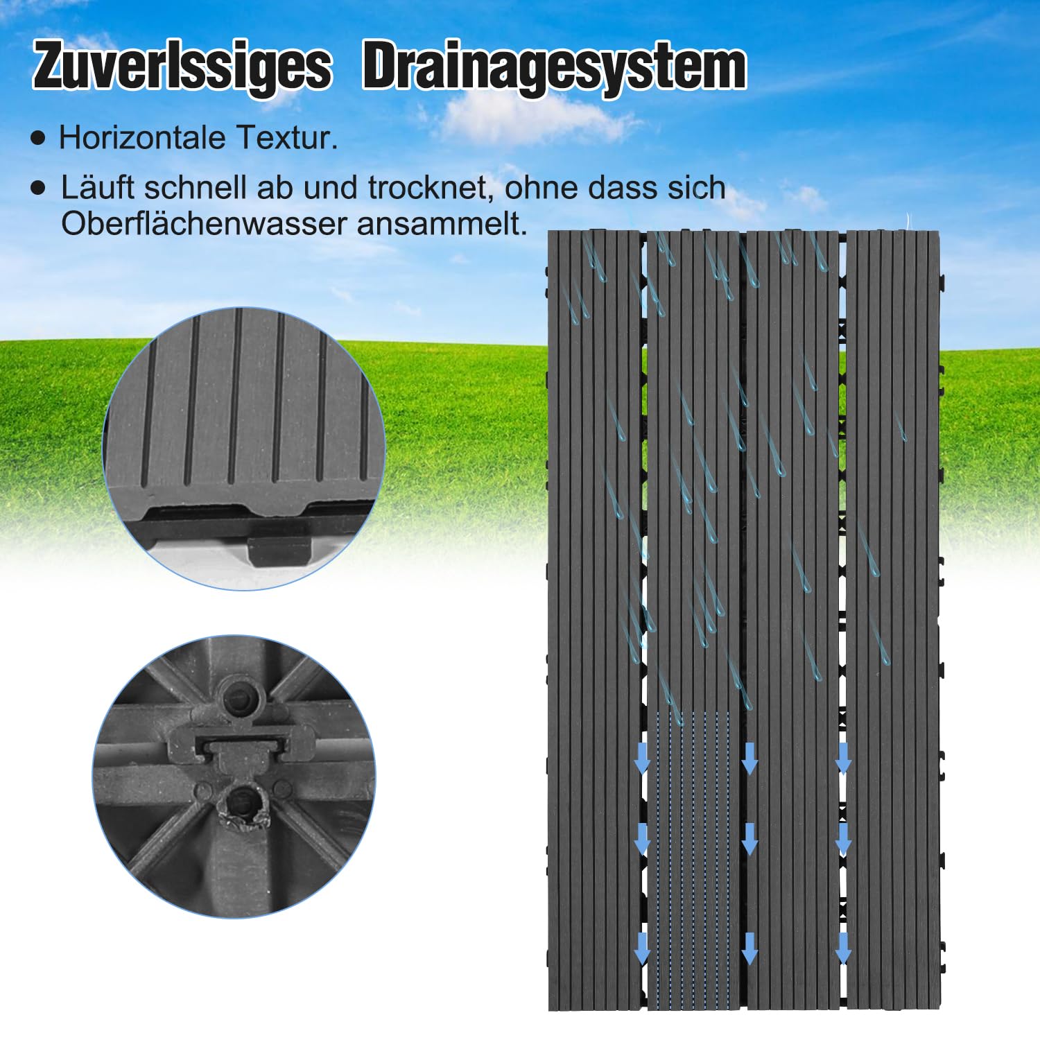 Fiqops 60 sztuk płytek tarasowych WPC, 30x60 cm płytki podłogowe na balkon, płytki ogrodowe z systemem klik, płytki tarasowe na balkon, płytki tarasowe wodoodporne, na 10 m², kolor antracytowy