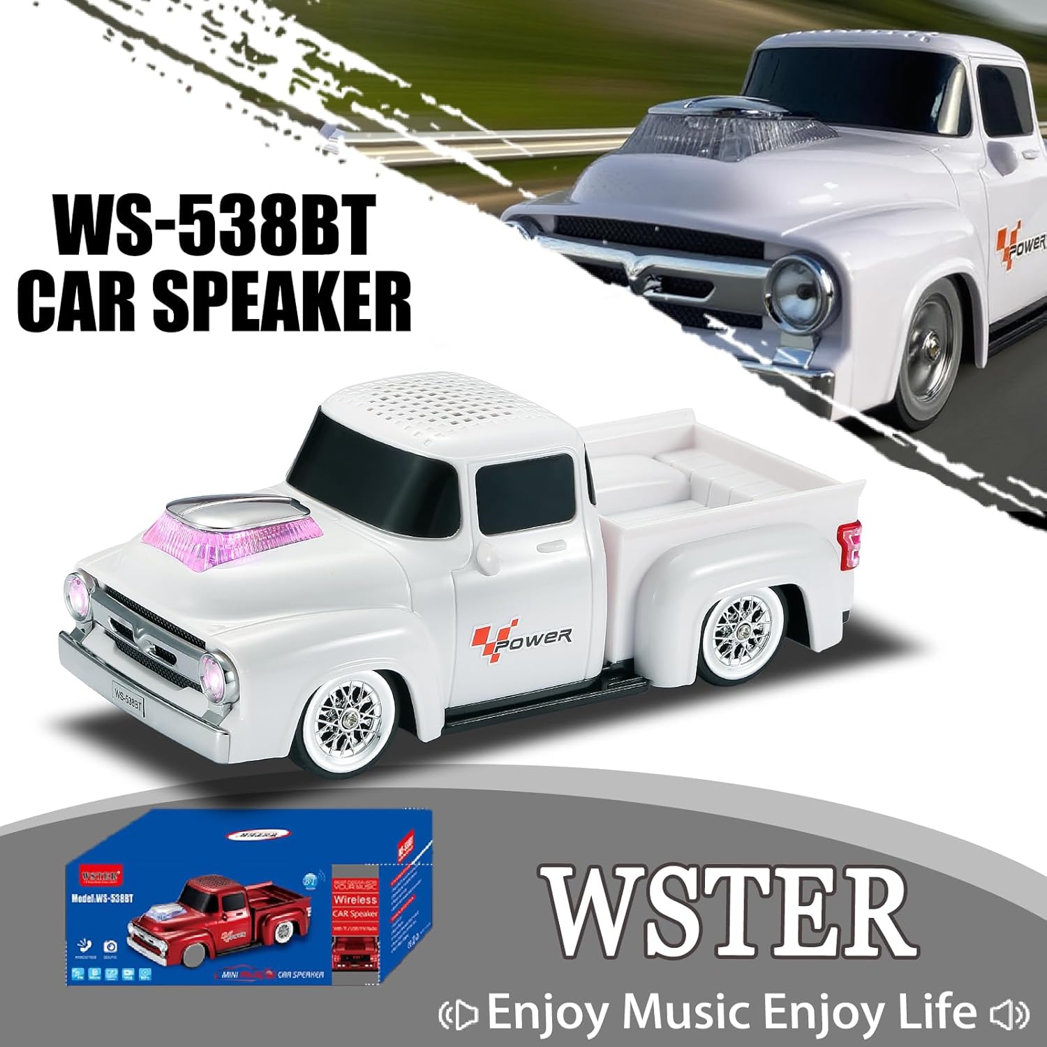 WSTER WS-538 Retro Pickup Truck Bluetooth Replica Speaker – Portable Wireless Car Model Speaker with FM, TWS, LED Party Lights, USB/TF Playback, Built-in Microphone, Type-C, Surprise Gift(White)