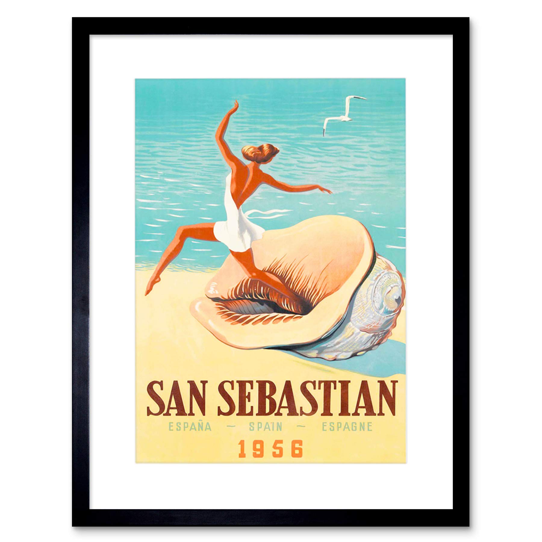 Wee Blue Coo Travel San Sebastian Spain Beach Conch Shell Gull Sea Sand Art Framed Wall Art Print
