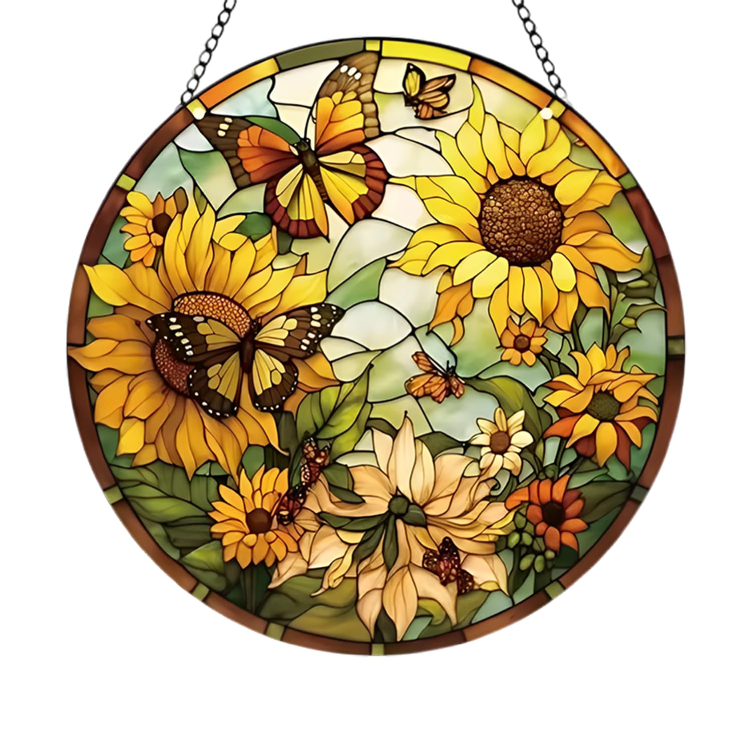 YellowCult Sunflower Theme Hand-Painted Acrylic Suncatcher Window Garden Door Hanging Decor with Metal Chain Stained Glass Wall Art Mural Sunlight Catcher for Outdoor & Home Decoration(15 cm/6 inch)