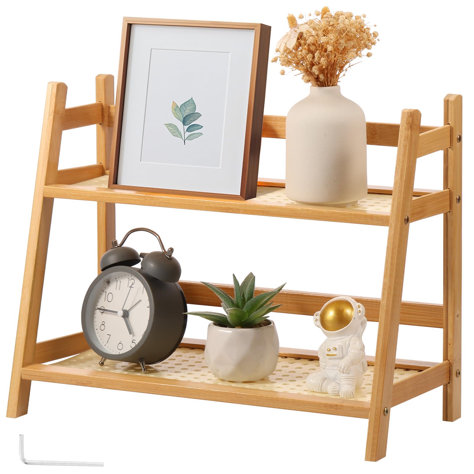 BOBASH 2-Tier Rattan-Look Coffee Station Organizer, Bamboo Mug Holder Countertop Display Stand, Rattan-Style Condiment Storage Caddy Rack for Kitchen Counter, Home Tea Bar & Office Desk (27cm / 35cm)