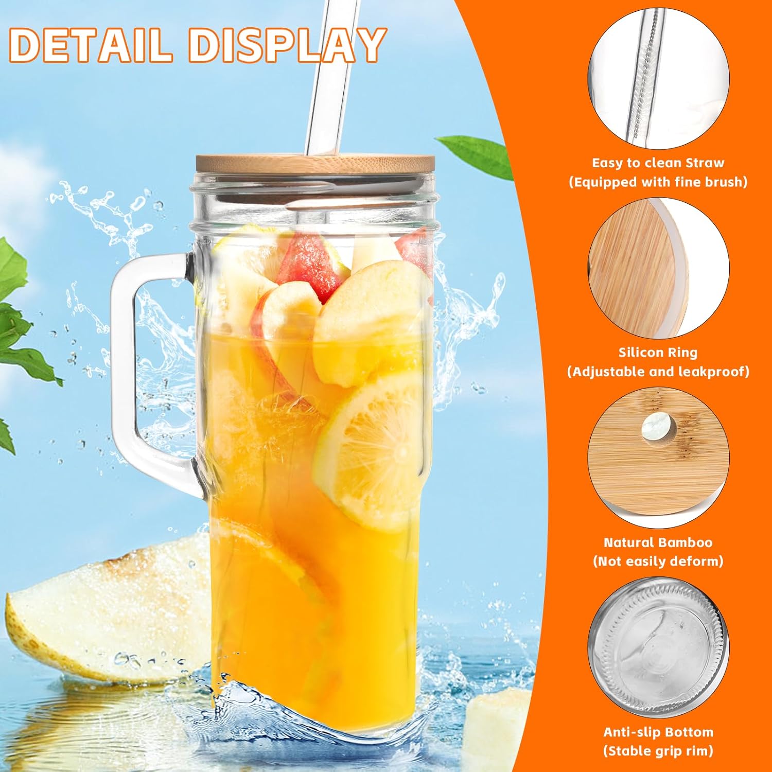 Glass Cups with Lids and Straws 2 Packs - 24oz Glass Tumbler with Handle, Mason Jar with Lid and Straw -Wide Mouth Reusable Drinking Glasses for Iced Coffee Smoothie Matcha Cocktail Whiskey Milk - Image 4