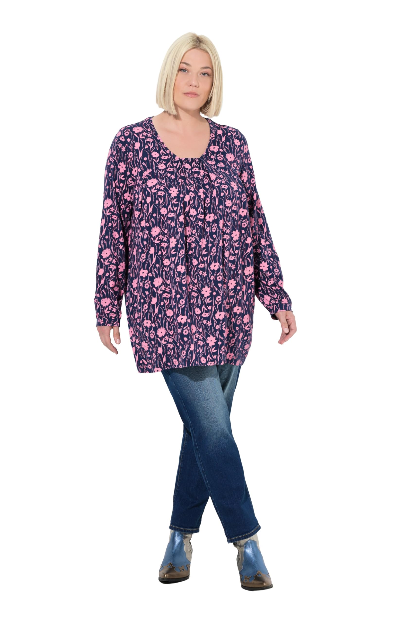 Ulla Popken Damen große Größen Übergrößen Plus Size Shirt, Zierfalten, A-Linie, Carree-Ausschnitt, Langarm 844232