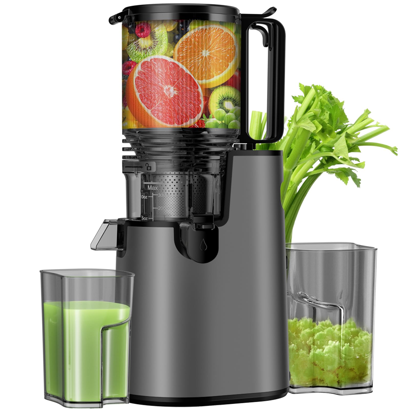 Cold Press Juicer, Juicer Machines with 5.4" Wide Feed Chute for Juice Extractor, Slow Masticating Juicer for Vegetables & Fruits with High Juice Yield, Easy to Clean (Black)