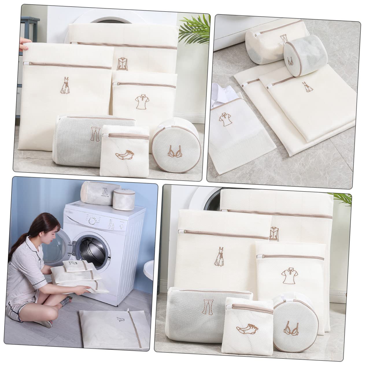 Set 6 Sacchetti per Lavanderia Ricamati Beige in Poliestere | Rete per Lavaggio, Separa Capi Sporchi e Puliti, Protegge Cerniere e Tessuti Durante Ciclo