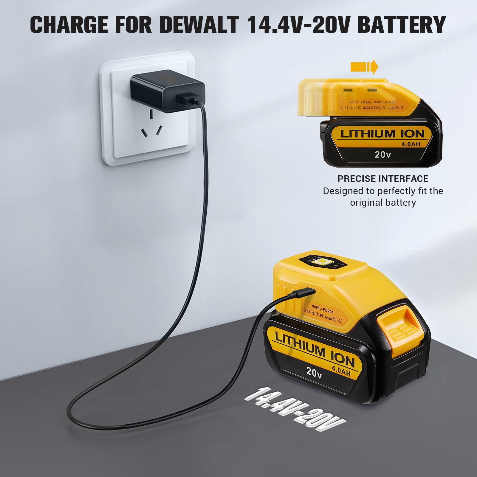VelgoNyx Portable USB Charger for Dewalt 20V Battery,Compatible with Dewalt 20V Battery Charger with Type-C Fast Charging & USB Ports,LED Light?Charger only?
