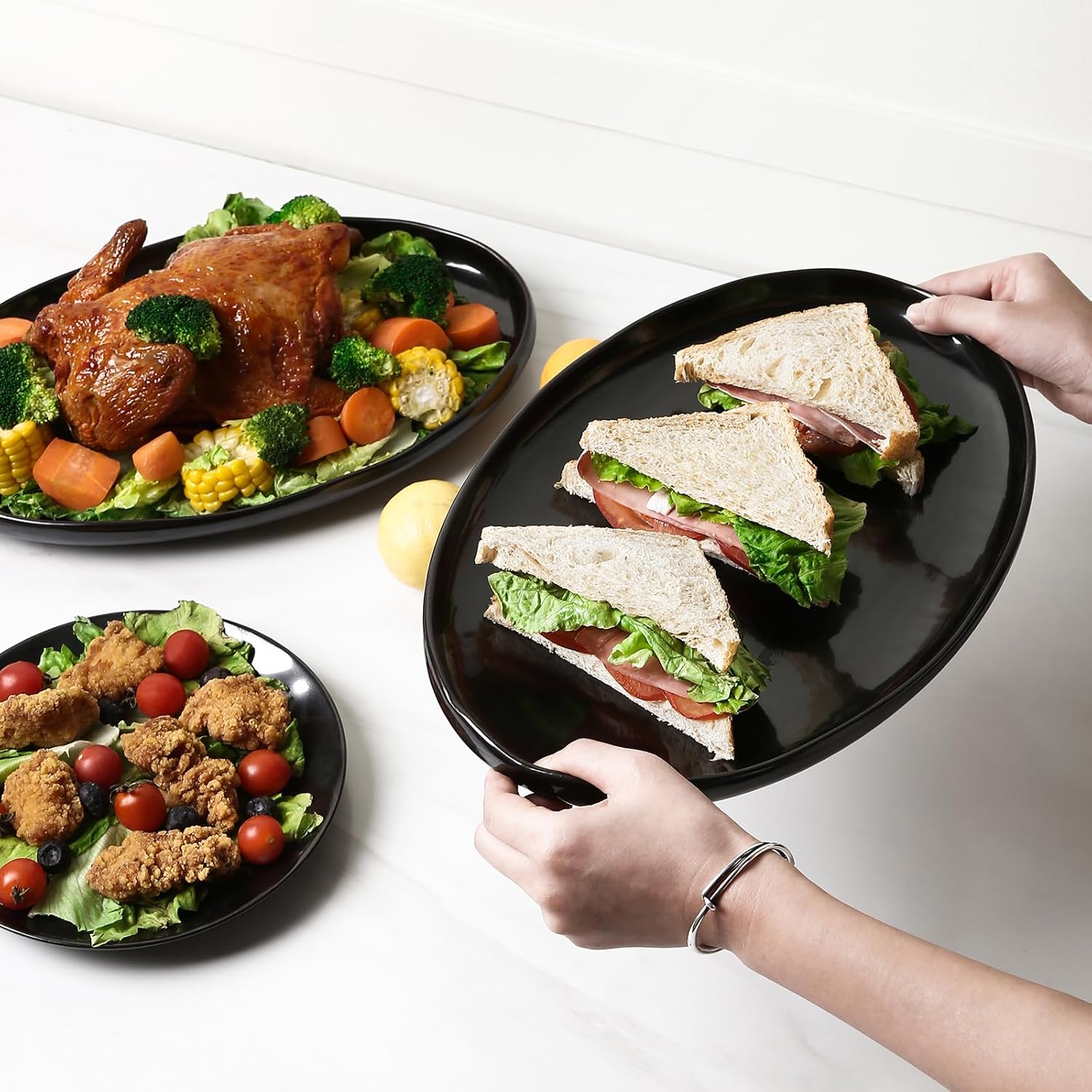vicrays Serving Platter Ceramic Tray Plates Extra Large Oval 14.5 Inch Porcelain Dinner Plates Long Serving Dish Set Entertaining Party Restaurant Food Meat Sushi Fish Turkey Platter - Black - Image 5