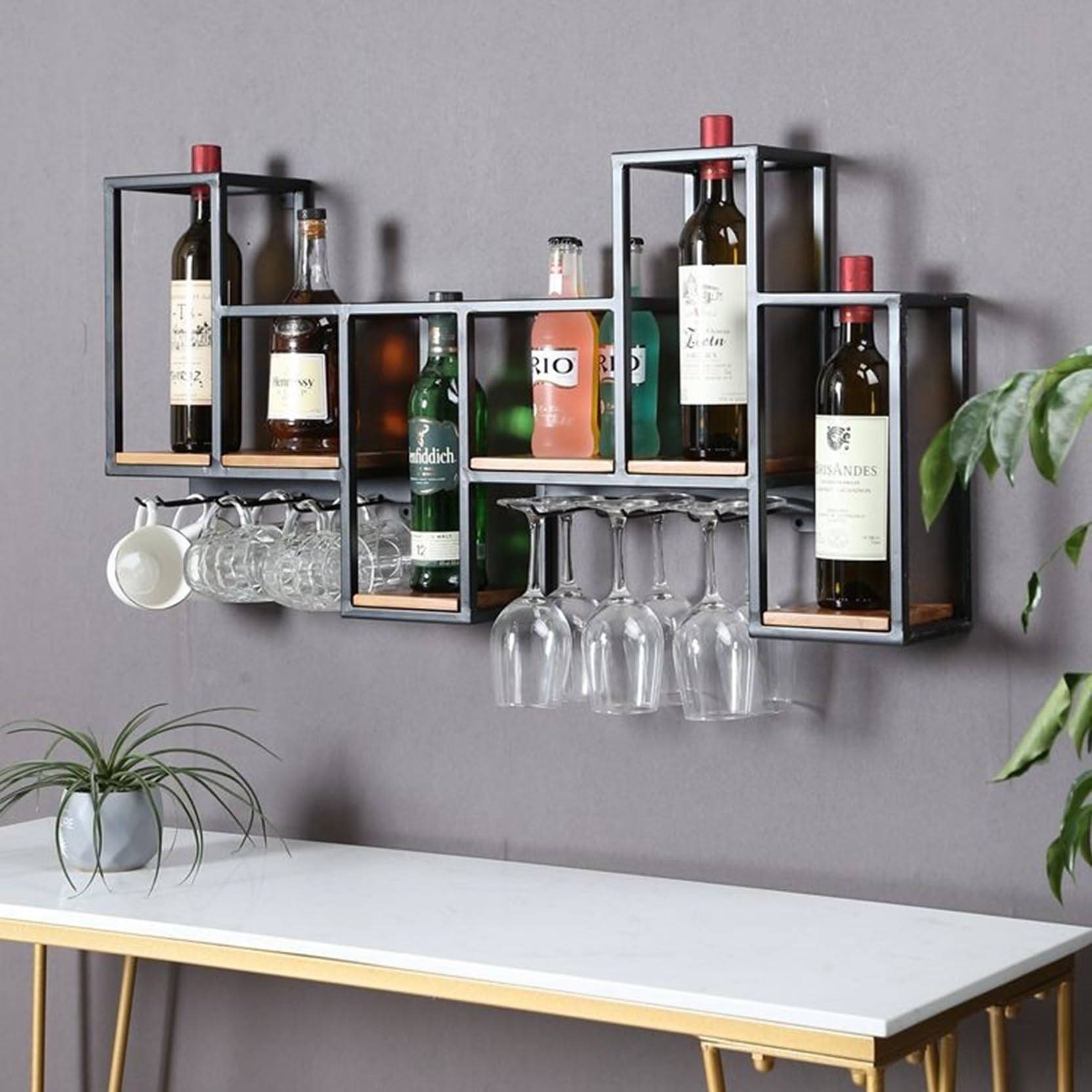 Estantería de Botellas de Vino, Botellero de Hierro de Estilo Industrial, Enfriador de Vino Montado En La Pared con Botelleros Botellero de Almacenamiento Multifuncional