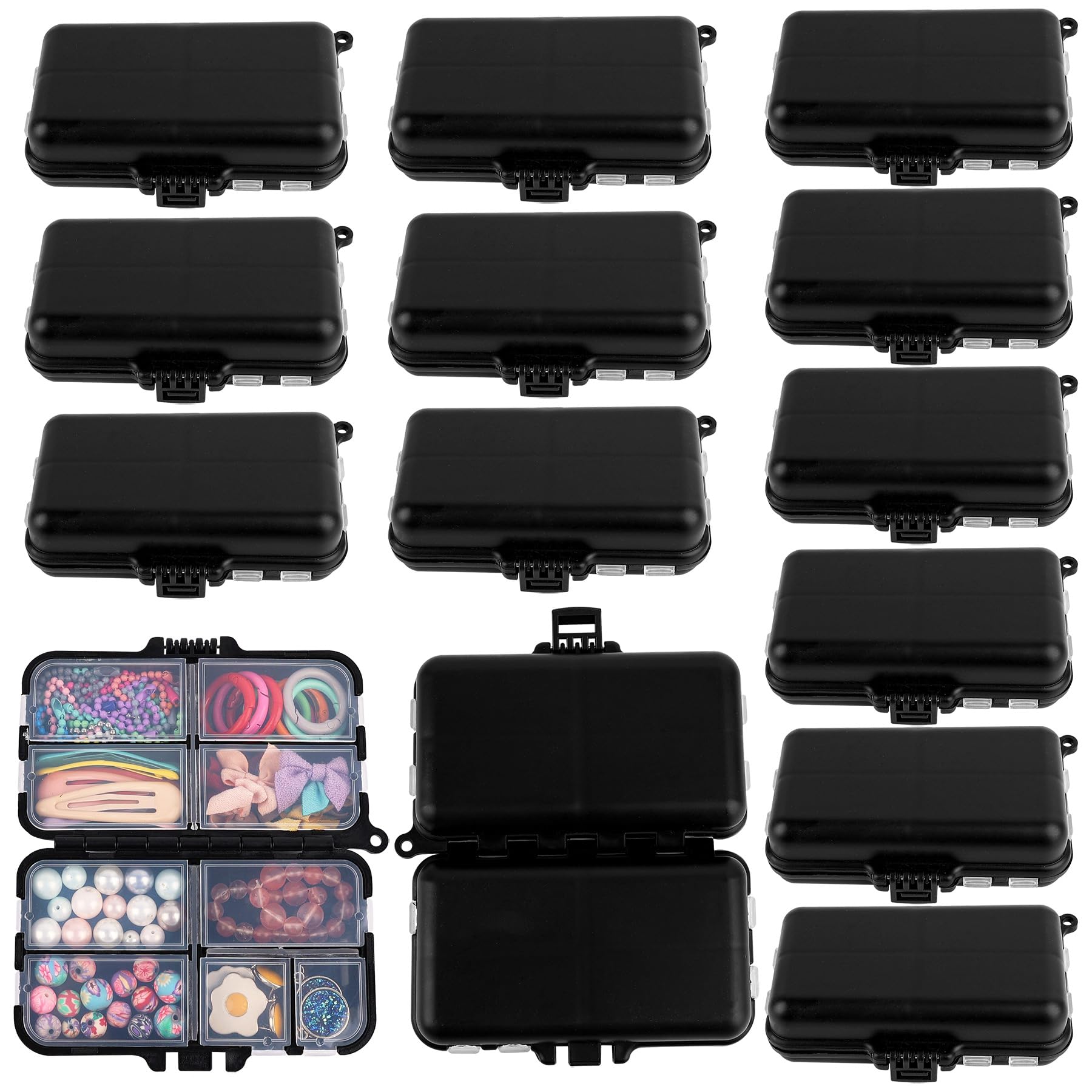 Framendino, 12 Pack Black Plastic Storage Containers Small Bobby Pin Case Jewelry Trays Cheer Bow Boxes Bait Box Fishing Organizer