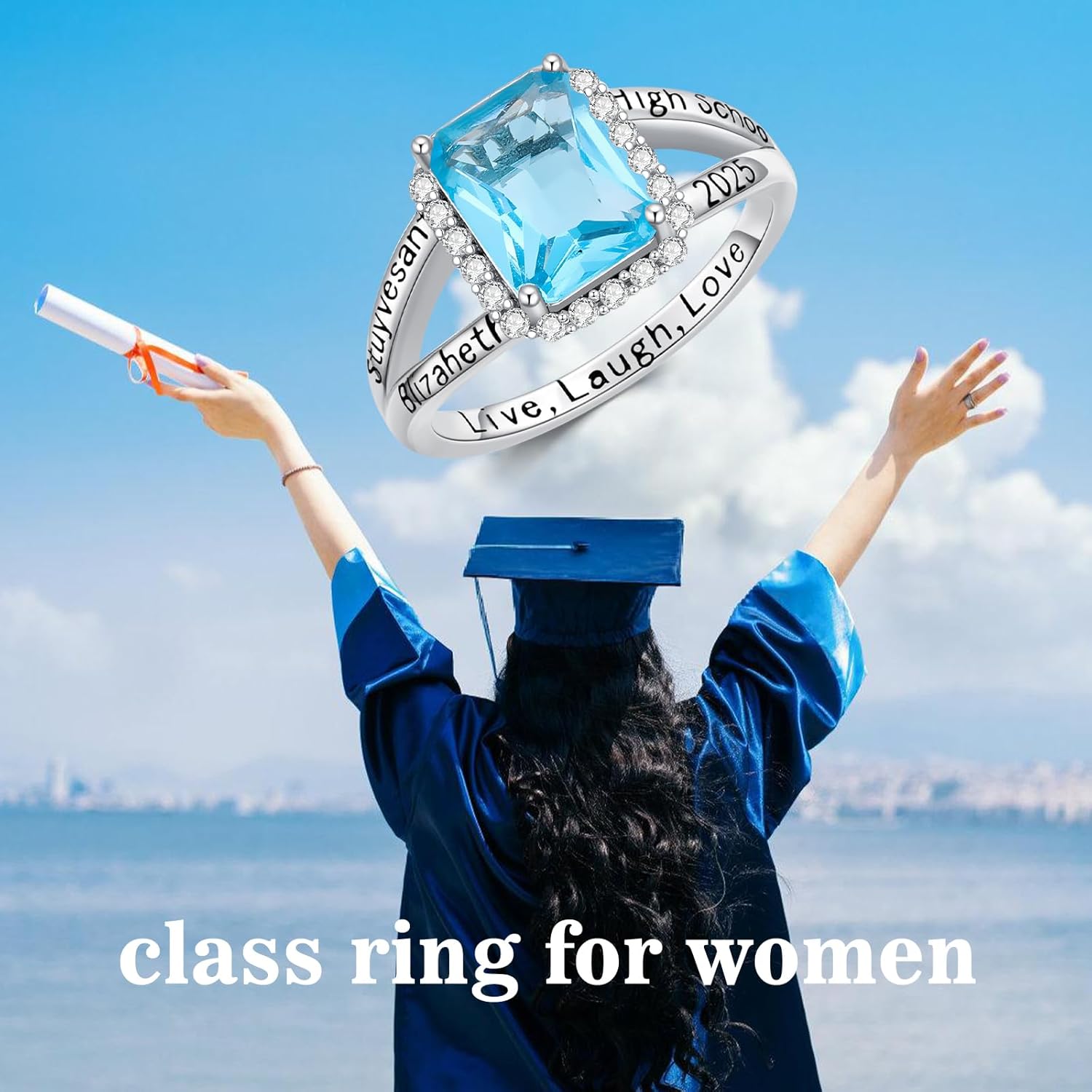 10K/14K/18K Gold/Sterling Silver Class Ring for Women Customized High School College University Women's Class Ring Personalized 2 Carat Birthstone Ring Size 4-15 Graduation Ring Engraved Name