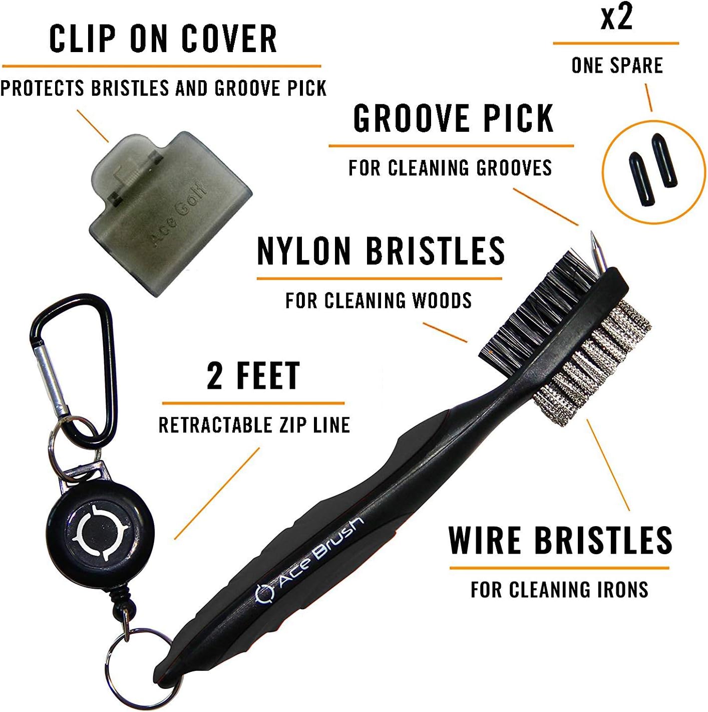 Ace Golf Brush and Club Groove Cleaner, 2 Ft Retractable Zip-line Aluminum Carabiner, Bonus Brush Cover, Lightweight, Stylish, Ergonomic Design, Premium Tour Grade, Easily Attaches to Golf Bag