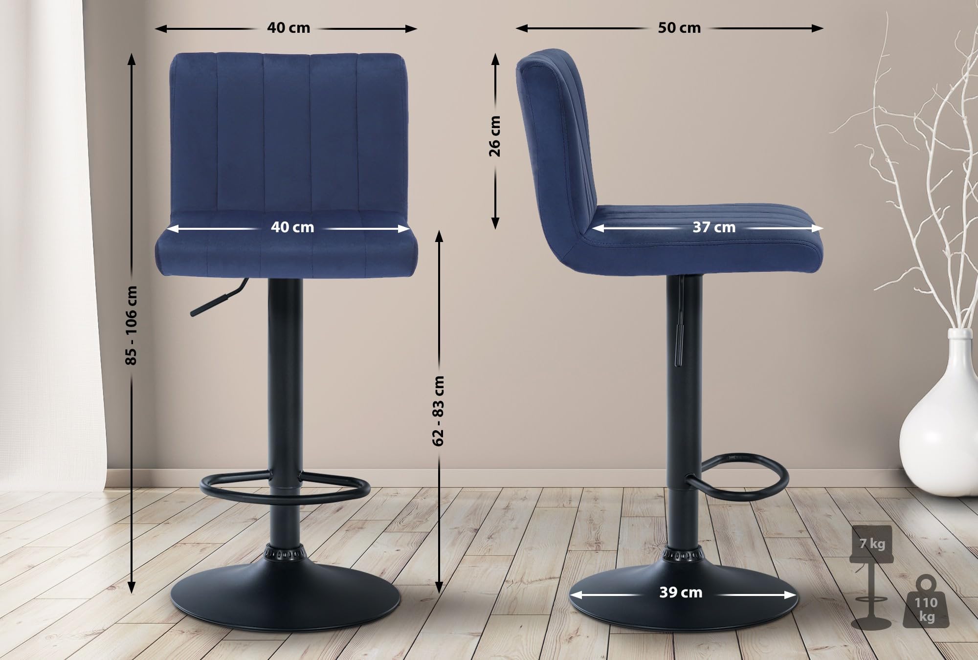 CLP Tabouret De Bar Jamie en Velours I Chaise Haute De Bistrot avec Repose-Pieds Hauteur Réglable Pivotant | Couleur Bleu
