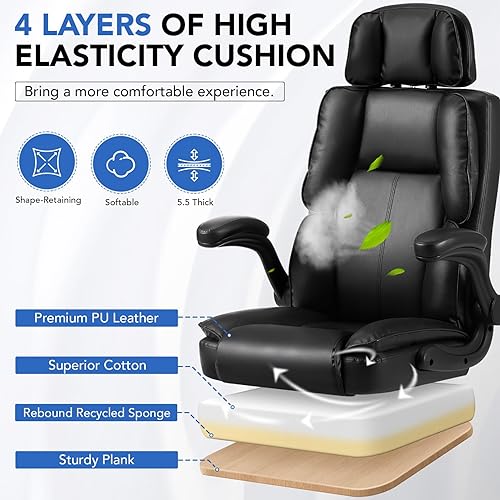 Miniatura 5 de Cómoda silla de oficina con reposacabezas ajustable, silla de escritorio ejecutiva de cuero con soporte lumbar, función mecedora, silla ergonómica