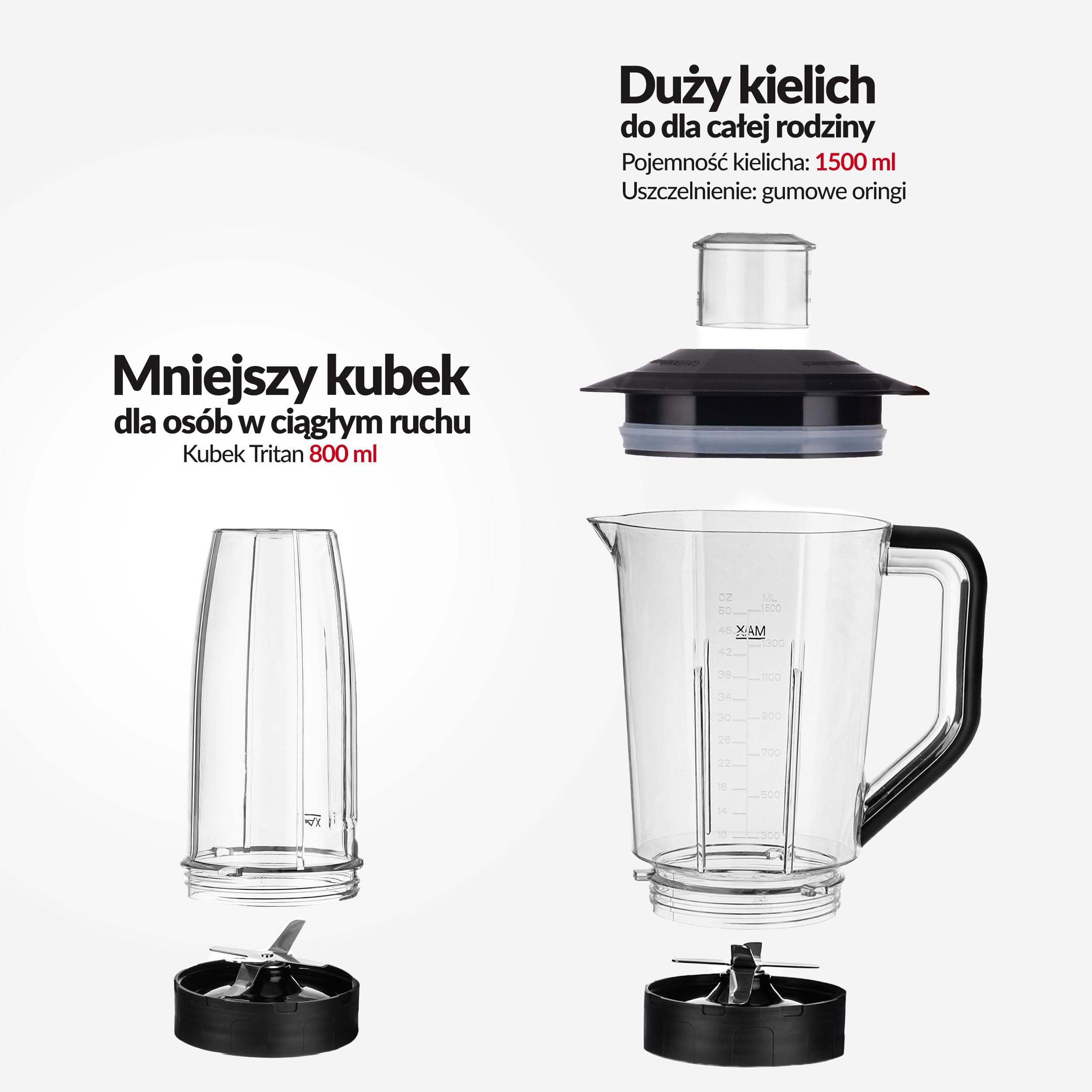 LEHMANN Mikser stojący z pojemnikiem do miksowania 1,5 l z tritanu, 4 programy prędkości, części nadające się do mycia w zmywarce, 6-skrzydłowe ostrza ze stali nierdzewnej, smoothie Maker z kubkiem