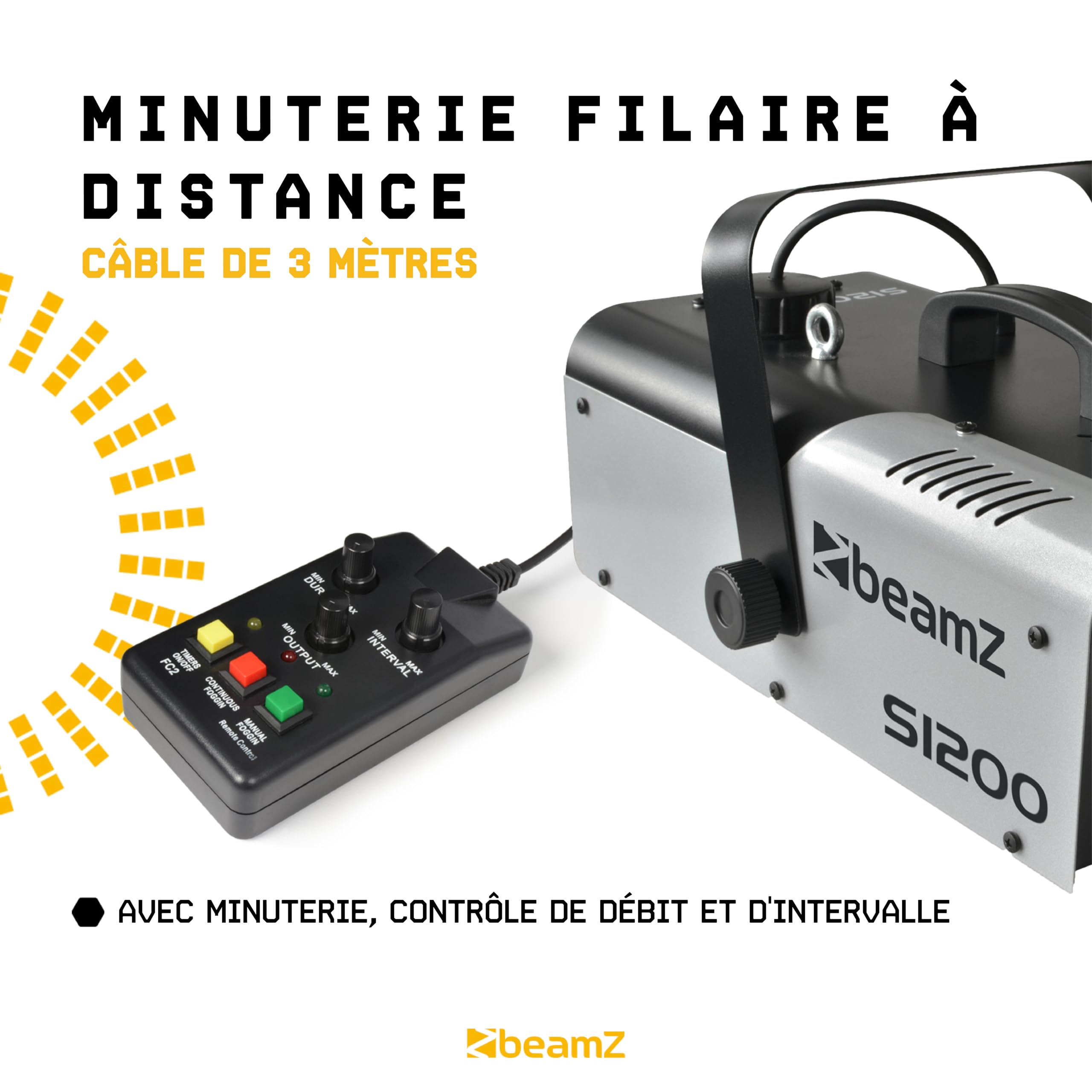 BeamZ S1200 Machine à Fumée 1200 Watts, Télécommande avec Contrôle du Débit et Programmateur, Réservoir 2.5 L, Débit par Minute 215m³, Étrier de Montage, Idéal pour Scène ou Discothèque