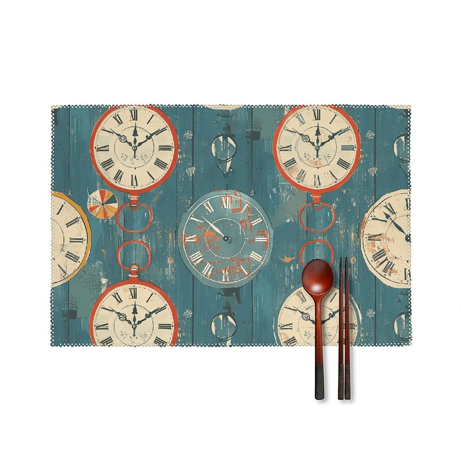 Lot de 6 sets de table en toile horloge rétro de 30x46 cm lavables