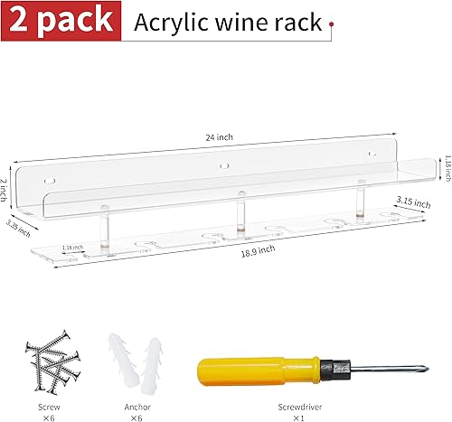 Miniatura 2 de Hexsonhoma Soporte para copas de vino transparente de 24 pulgadas, 2 unidades, estante acrílico de pared con soporte extraíble para vasos, estantes