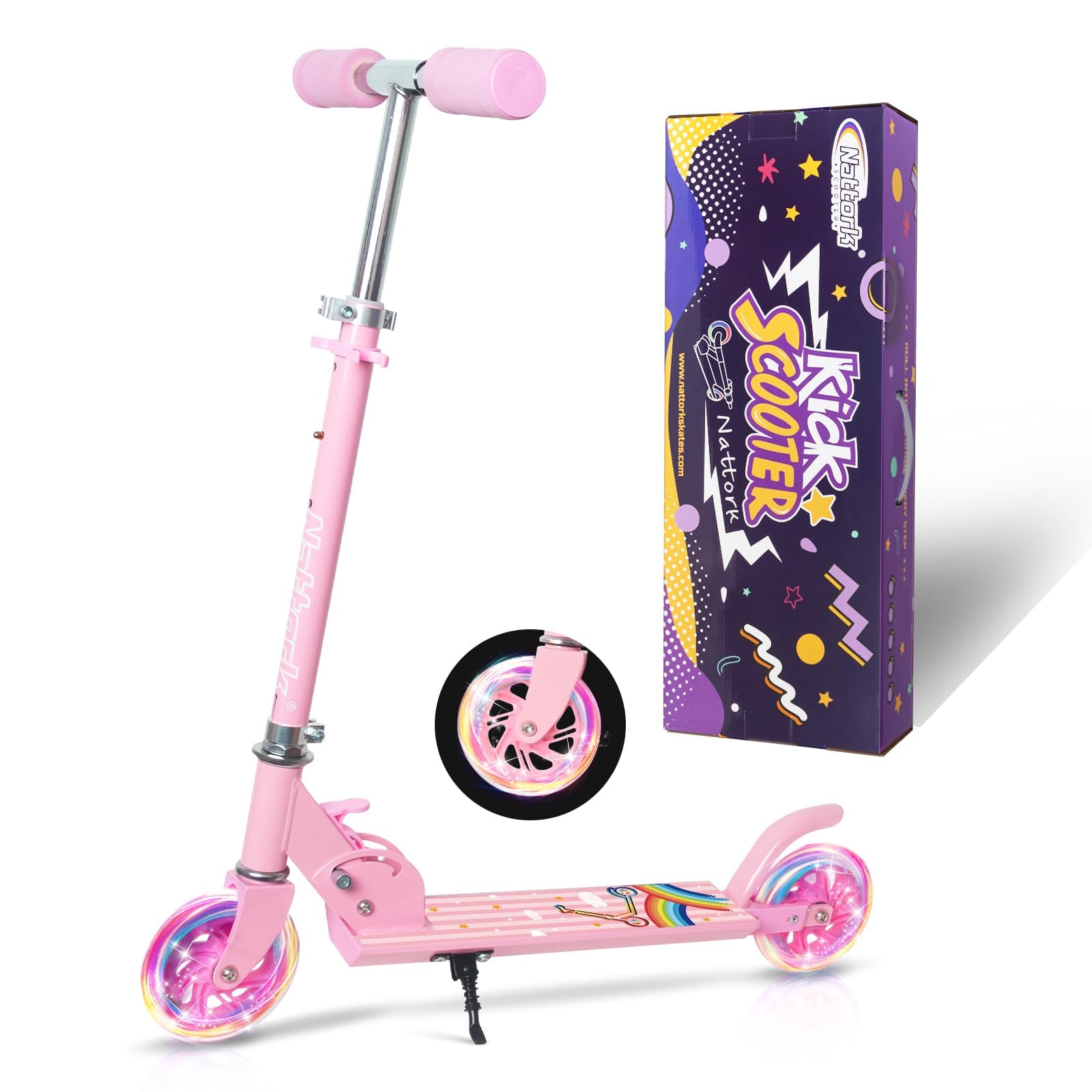 Nattork Scooter for Kids Ages 3-8 – Kick Kids Scooters for Girls Boys Light up Wheels Portable Lightweight Folding Design with Reducing System and Adjustable Height Handlebars and up to 110 Lbs