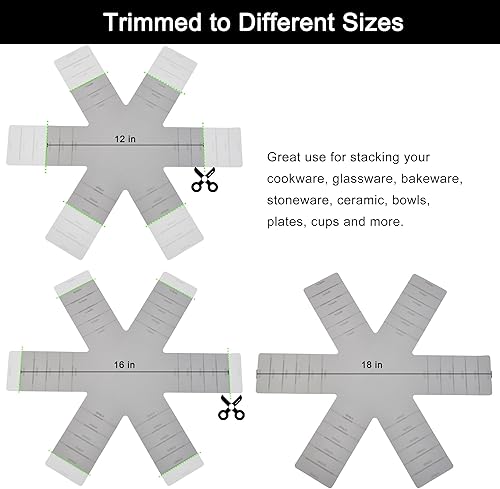 Vista 12 de Protectores de ollas y sartenes, almohadilla protectora de silicona de 3 piezas, protector de sartén apilable. Tiene un diseño único de apertura