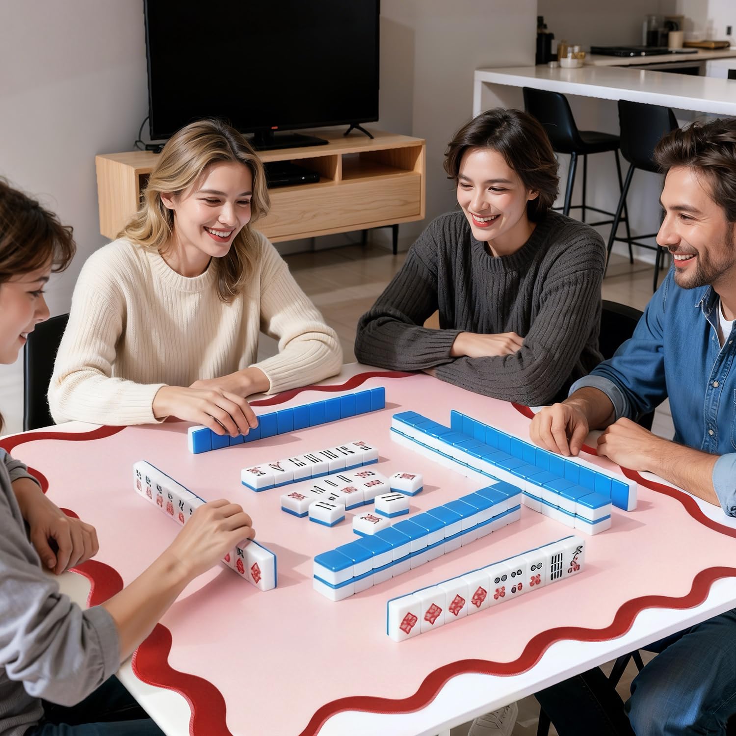 32.4in scalloped mahjong mat anti slip noise reduction mahjong accessoriemahjong table mat majiong mat for travel comes with 4 dice and 1 mahjong mat storage bag,4 mahjong shuffle cards (red)