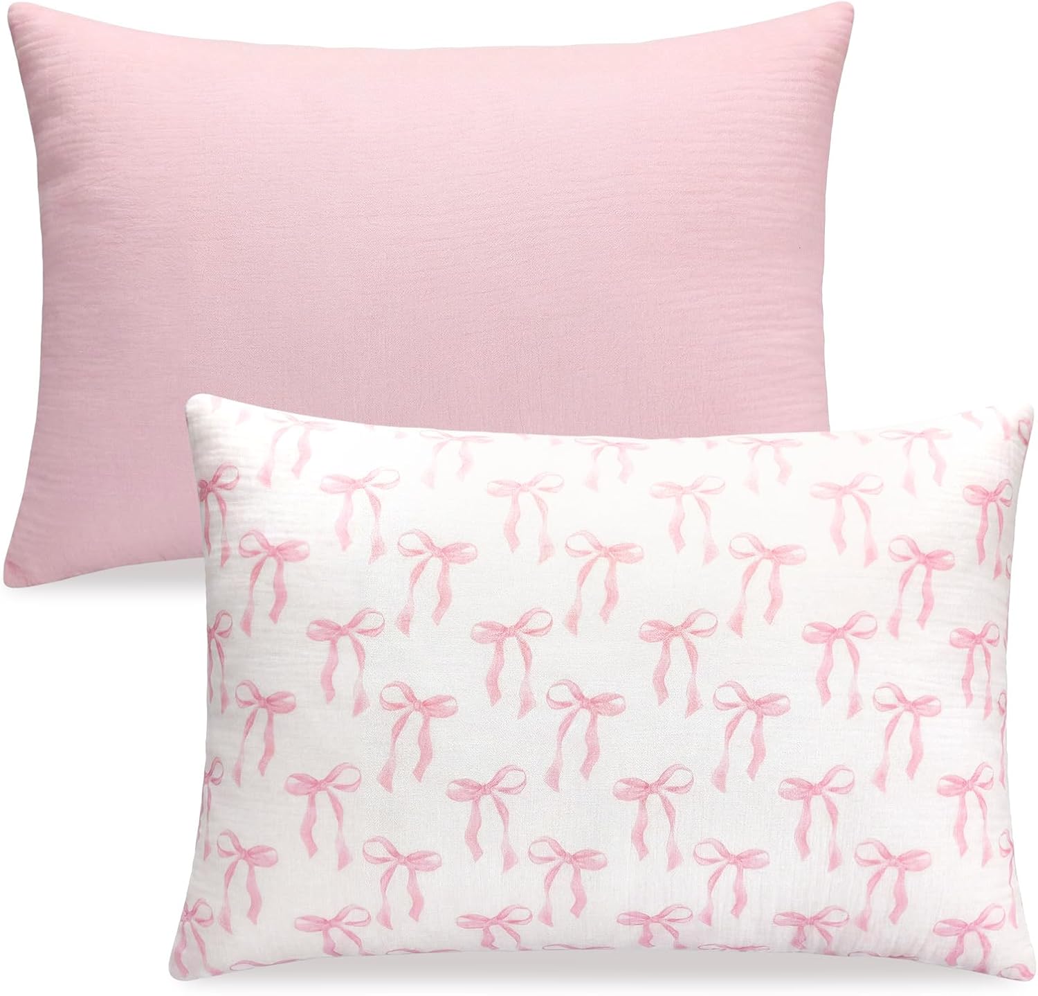 Breling 2 Pack Muslin Toddler Pillowcases 13" x 18" 100% Cotton Soft & Breathable Toddler Pillow Case, Pink Coquette Bow Pillow Covers with Envelope Closure for Girls Baby