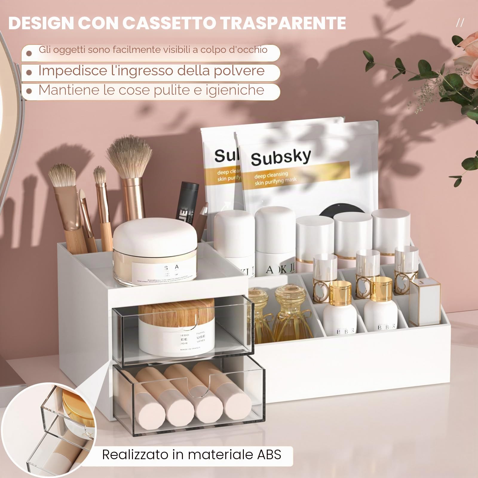 Subsky Porta Trucchi con Cassetti, Organizer per Trucco Multifunzione, Organizzatore Cosmetici da Tavolo, Scatola per Trucco con Grande Capacità per Crema, Profumo e Pennelli (Bianco)