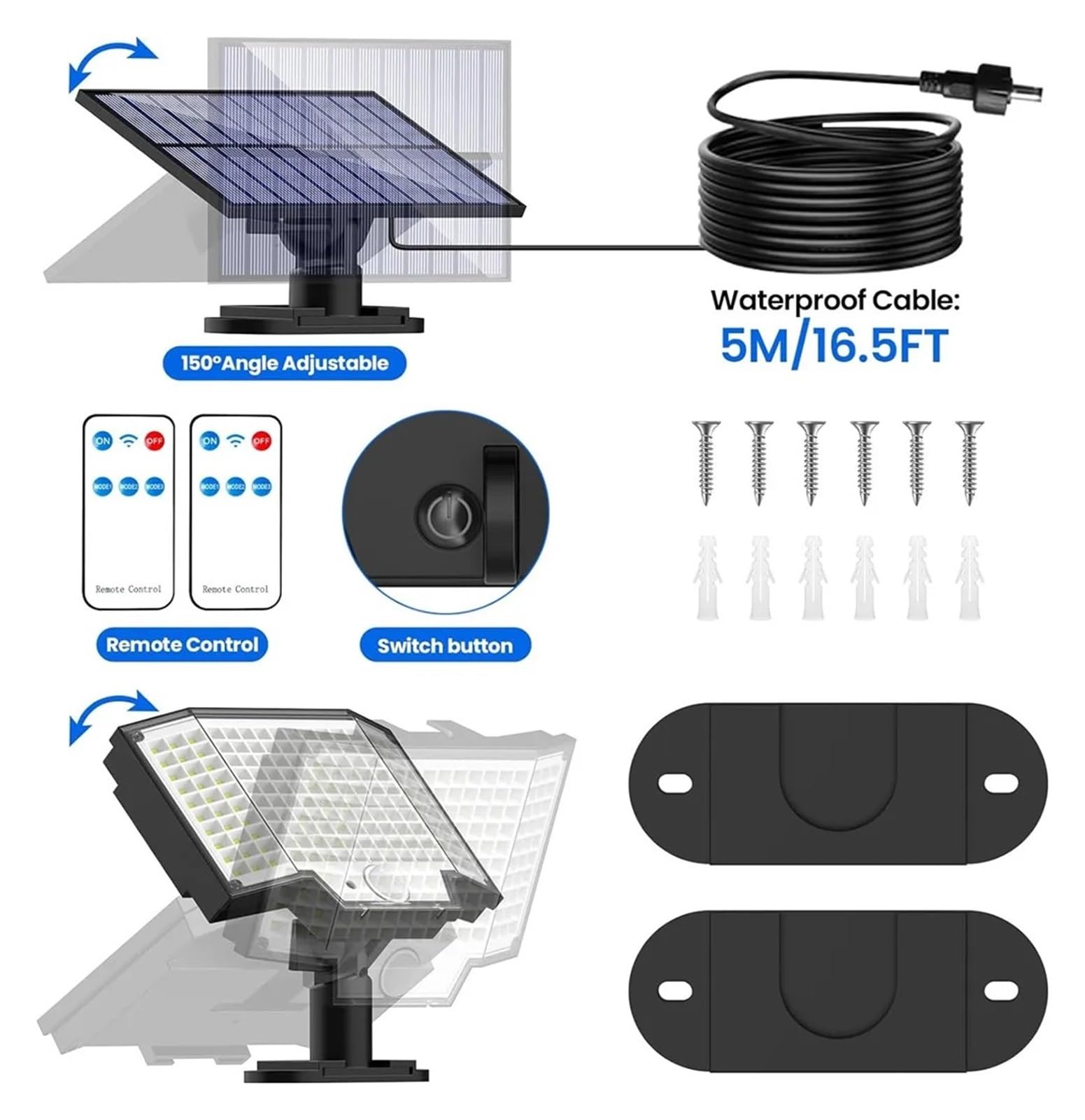 Luz Solar Exterior, Luces solares con sensor de movimiento superbrillantes de 160 LED for exteriores, IP65, impermeables, con control remoto, for jardín, calle, porche, lámpara de pared de emergencia(
