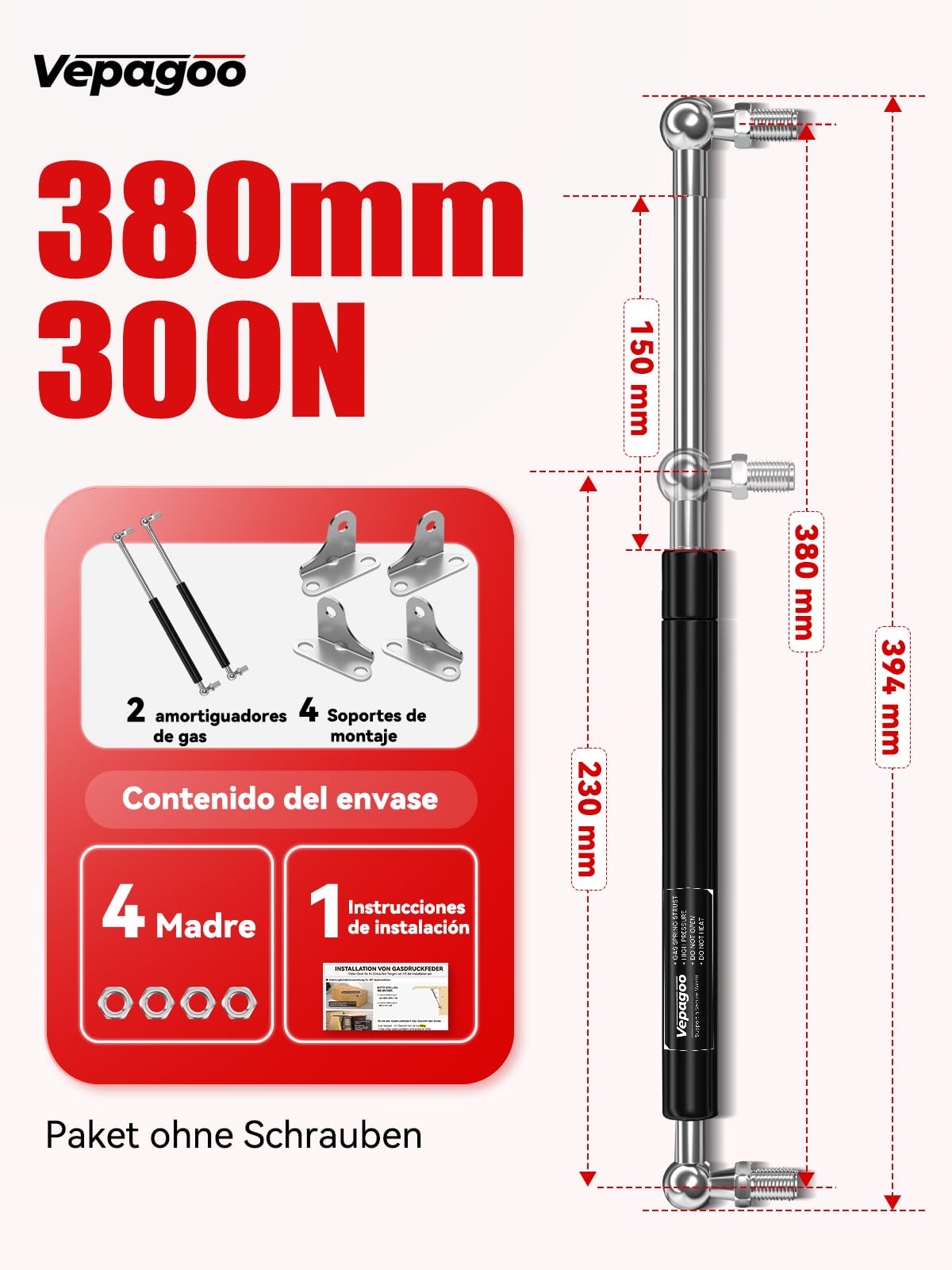 Veapgoo uniwersalna sprężyna gazowa 380 mm, 298 N, do przyczepy kempingowej, łóżka, pokrywy drzwi, drzwi, szopy, okien i innych niestandardowych projektów Heavy Duty, zestaw 2 szt