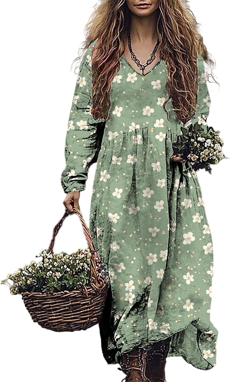 Vintage Tshirt Dress for Women 2025 Spring Boho Crewneck Long Sleeve Empire Waist C...