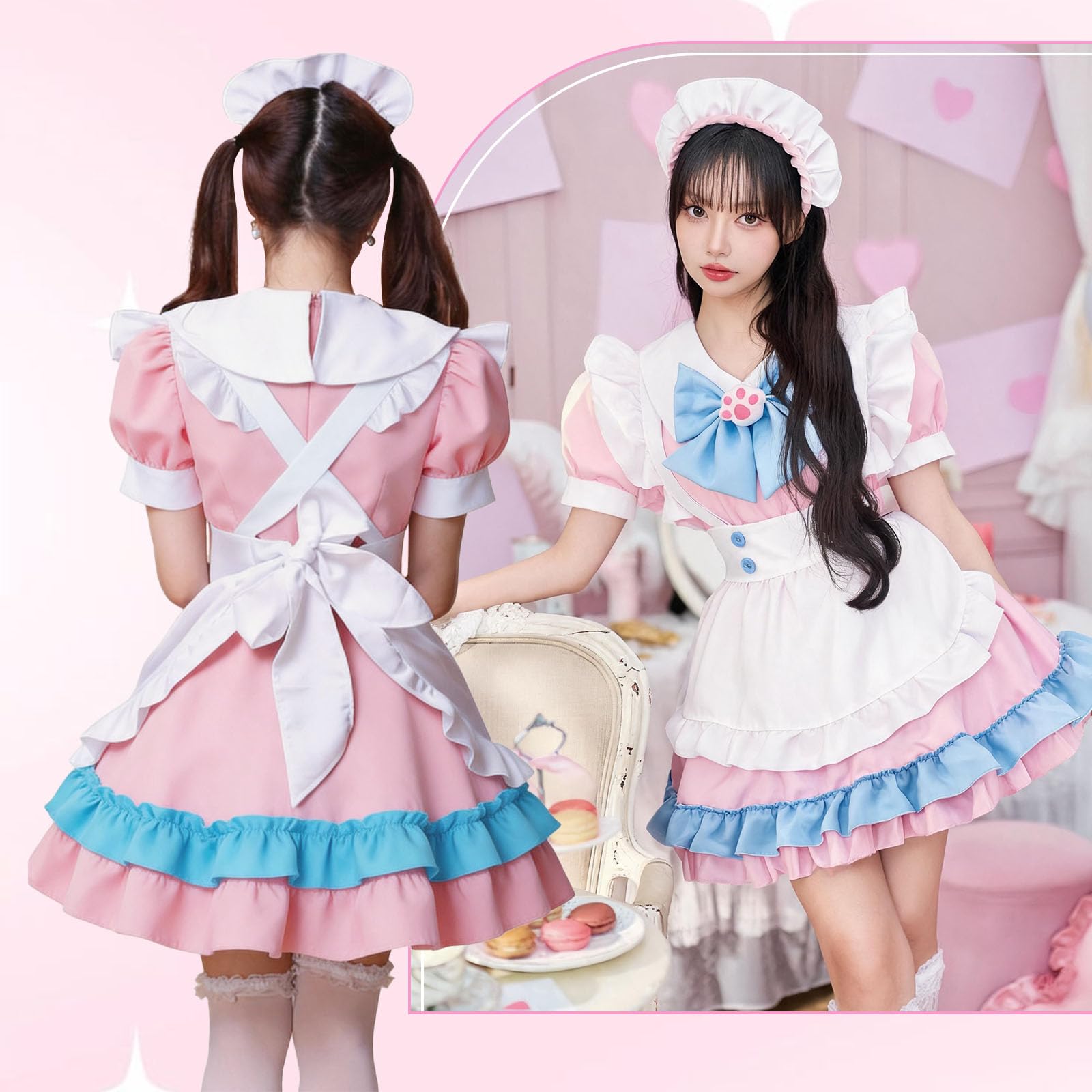 Maid Dress Damen Anime French Maid Outfit Lolita Dienstmädchen Kleid Lolita Dress mit Katzenohren Stirnband Handschuhe Strümpfe für Halloween Karneval Cosplay Party