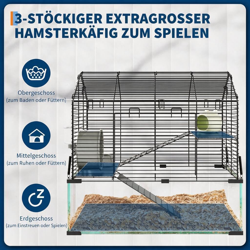 Garvee Hamsterkäfig Glas & Metall, Kleintierkäfig 58 x 38 x 54 cm, 6 mm Glasbecken, Komplettset mit Laufrad, Trinkflasche, Keramikversteck, Plattformen & Leitern, für Zwerghamster, Mäuse, Rennmäuse