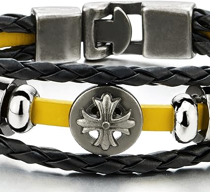 COOLSTEELANDBEYOND Hombre Mujer Tres Hilos Cuero Negro Trenzado Pulsera, Brazalete Con Cruz Octágono Perla Charms, Algodón Cuerda Cadena