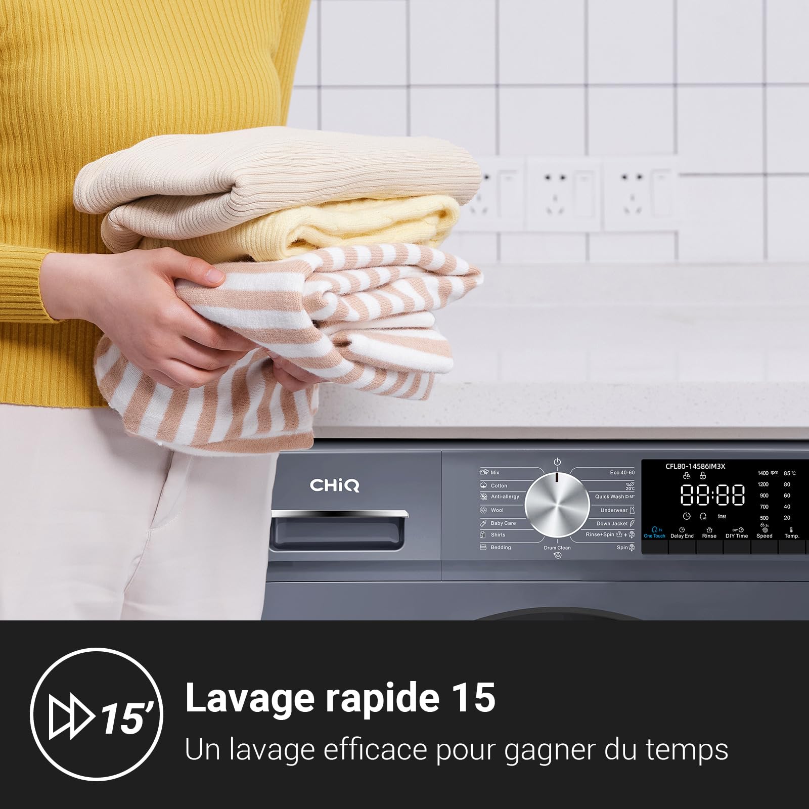 CHiQ Lave-linge CFL80-14586IM3XA 8 kg 1400 tr/min Classe A-15% Moteur Inverter stable Programme intelligent IA Fonction vapeur Gris