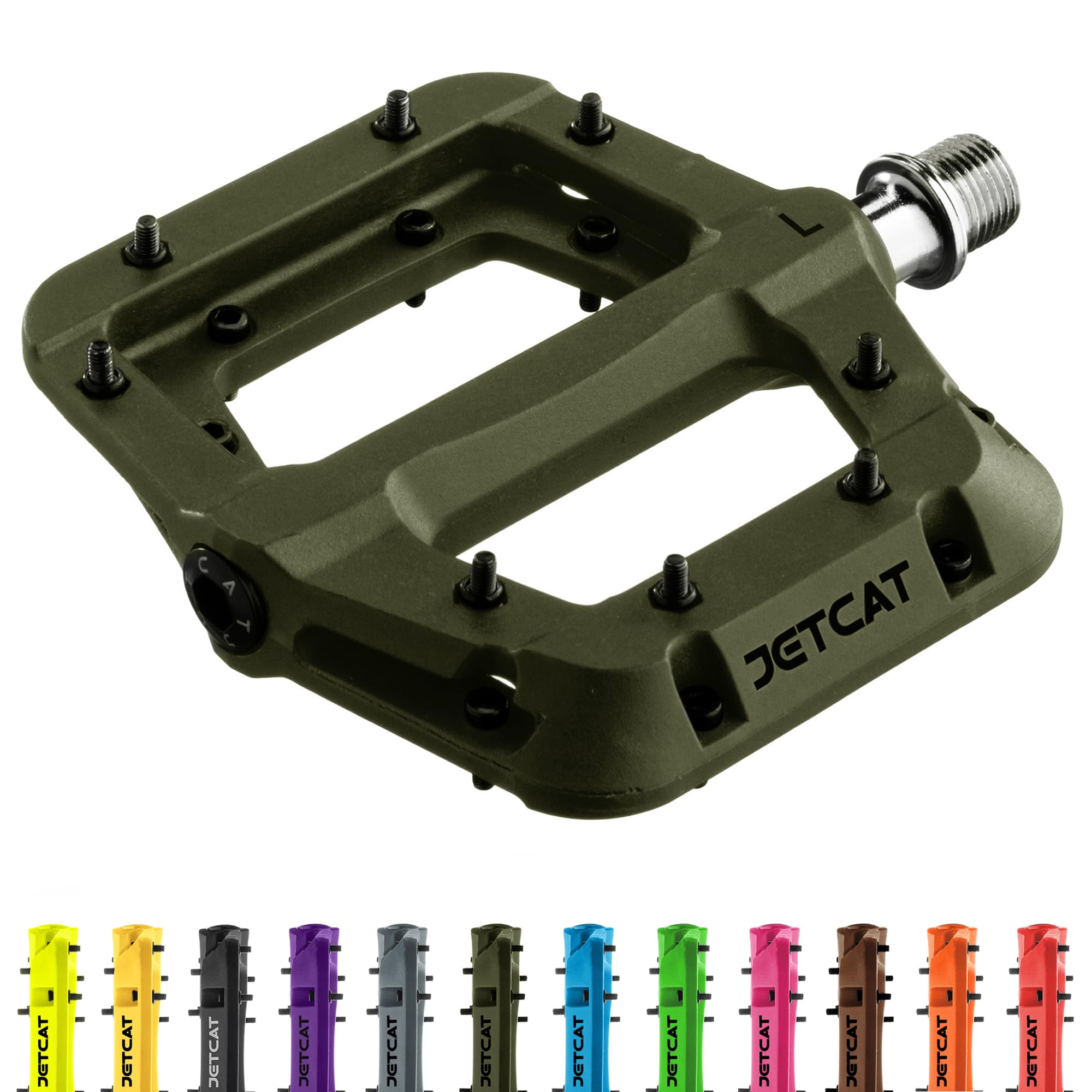 JETCAT Mountain Bike Pedals Flat - MTB Pedals Flat, Bicycle Pedals for BMX/MTN/Road/Gravel/EBike, BMX Pedals, Platform Pedals, Adults & Kids Bike Replacement - Ranger Green 9/16