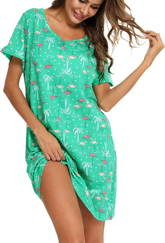 Camisa de dormir de algodón camisón ENJOYNIGHT de manga corta para mujer | Camisa de dormir de mezcla de algodón suave, vestido de noche holgado de cuello redondo, pijama con estampado de dibujos animados y talla extra