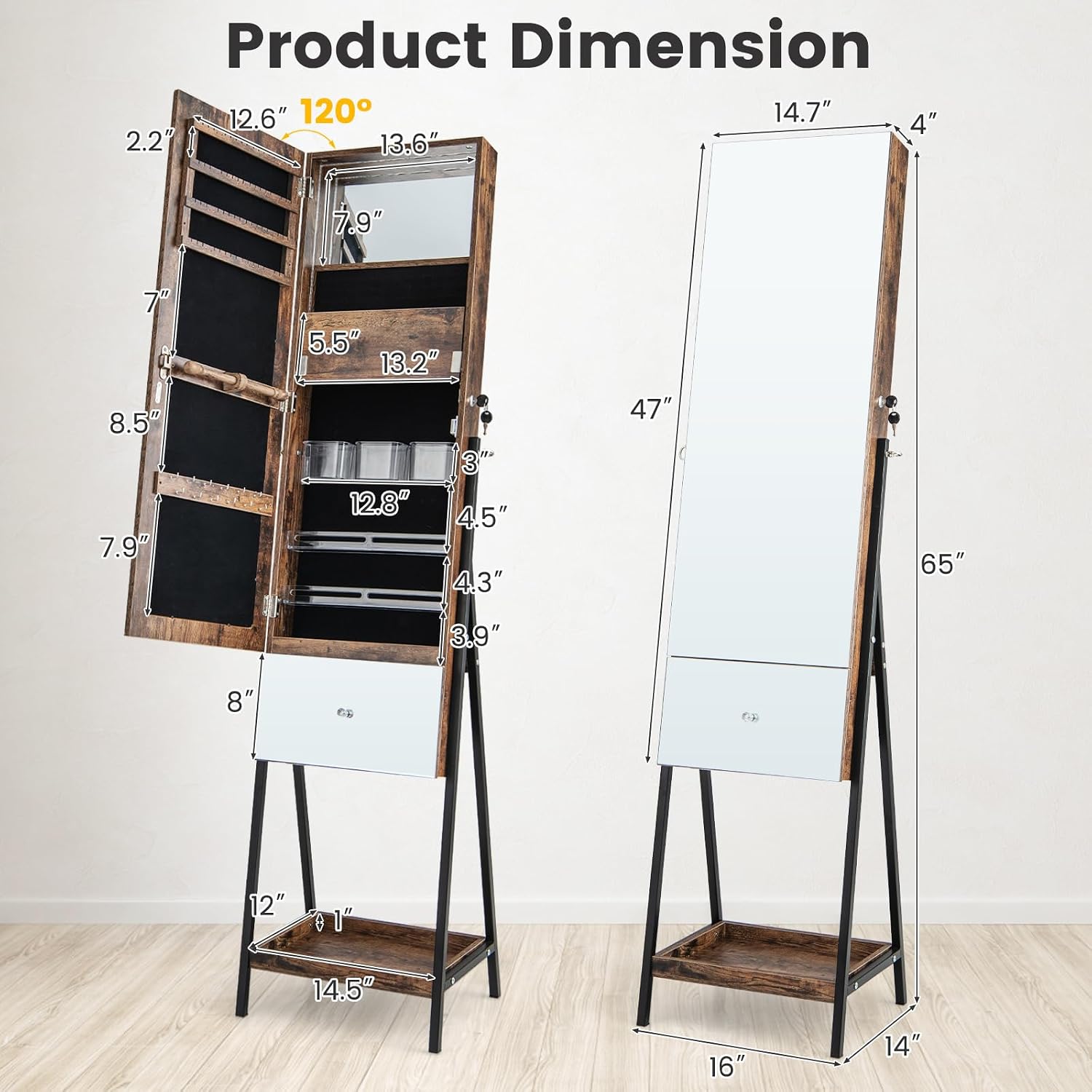 CHARMAID Jewelry Cabinet Armoire with Full Length Mirror, 3-Color Light Strips, Mirrored Tilt out Drawer, Lockable Standing Jewelry Organizer with Storage Shelves, Metal Stand (Rustic Brown)