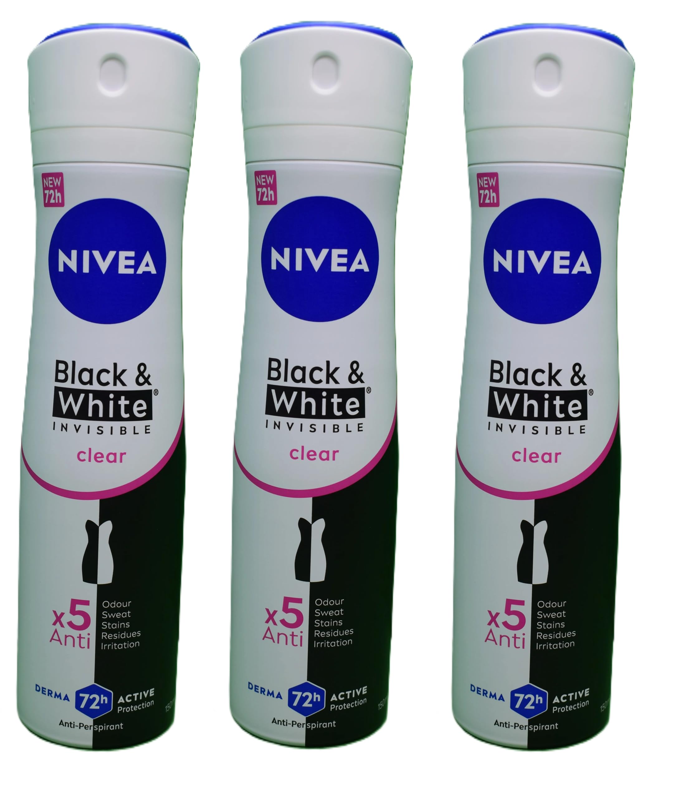 NIVEA Black & White Invisible Clear 72h Anti-Perspirant Spray, 3 x 150ml