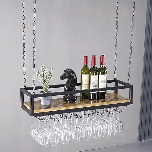 Miniatura 1 de Estante flotante industrial vintage para bar, soporte para botellas de vino colgante industrial, altura ajustable, estante para copas de vino de