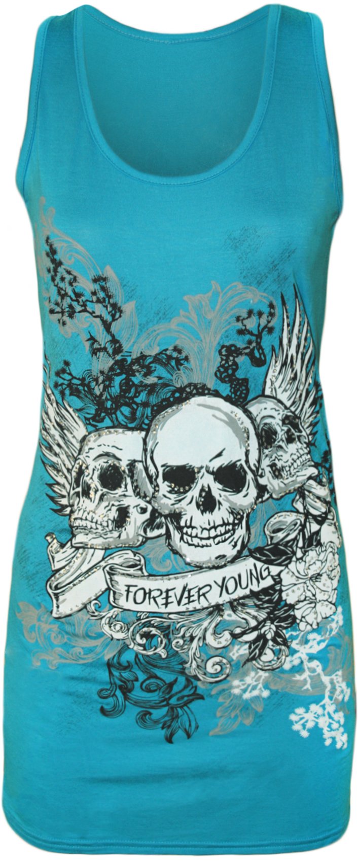 Wearall Women's Turquoise Skull Forever Young Print Racer Back Sleeveless Vest Top - 12-14