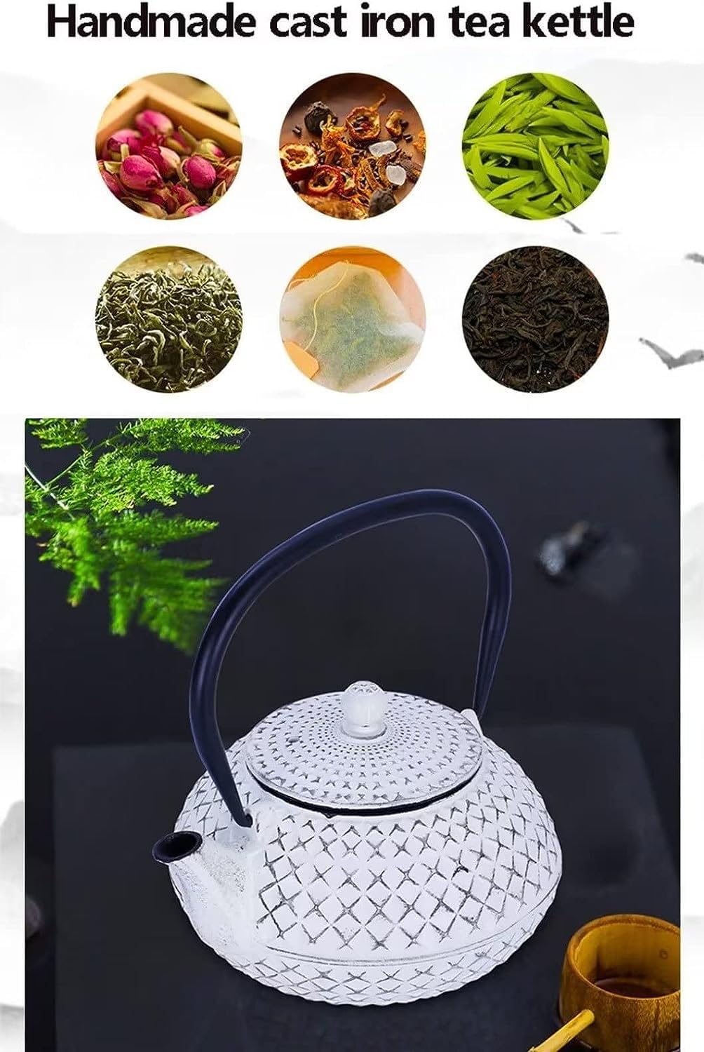 Tetera casera, tetera silbante, tetera de hierro fundido, mini tetera de hierro fundido con diseño de cruz de diamante blanco, teteras en estilo japonés, con infusor de acero inoxidable, 27 onzas (800
