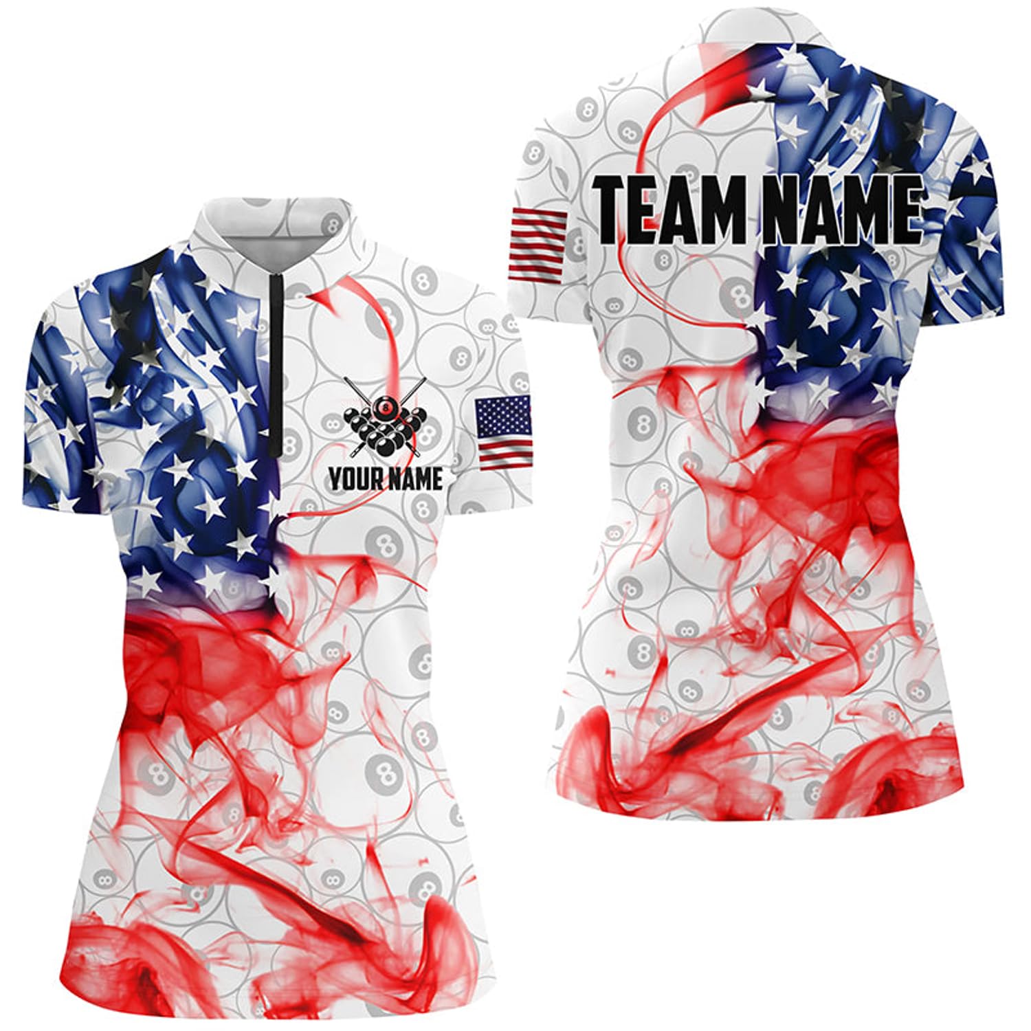 Personalized Vintage Smoke US Flag Billiard Quarter Zip Shirts for Women White 8 Ball Pool Jerseys V1013